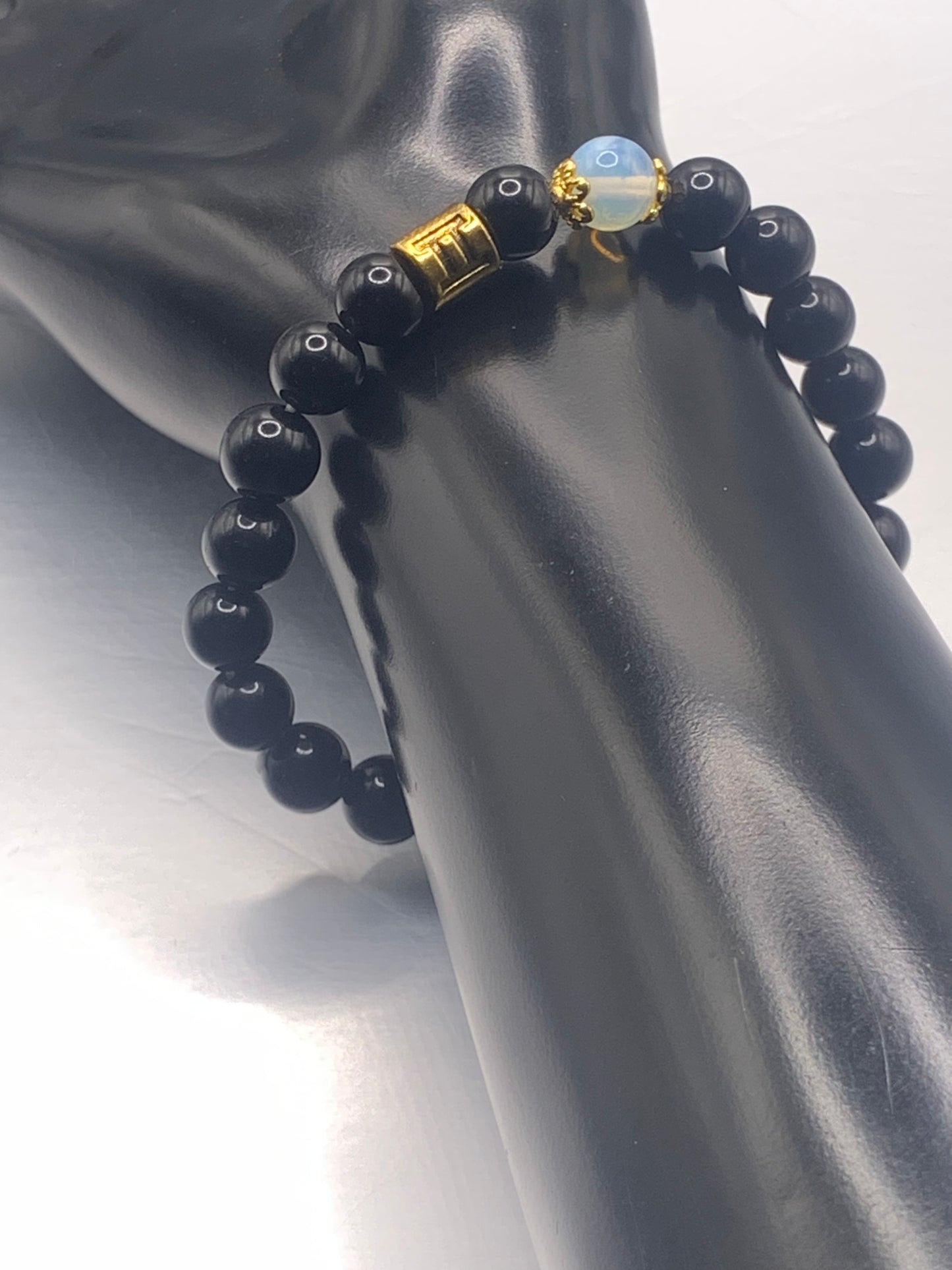 Gemini Zodiac black obsidian with opalite elastic beaded bracelet with gold accents