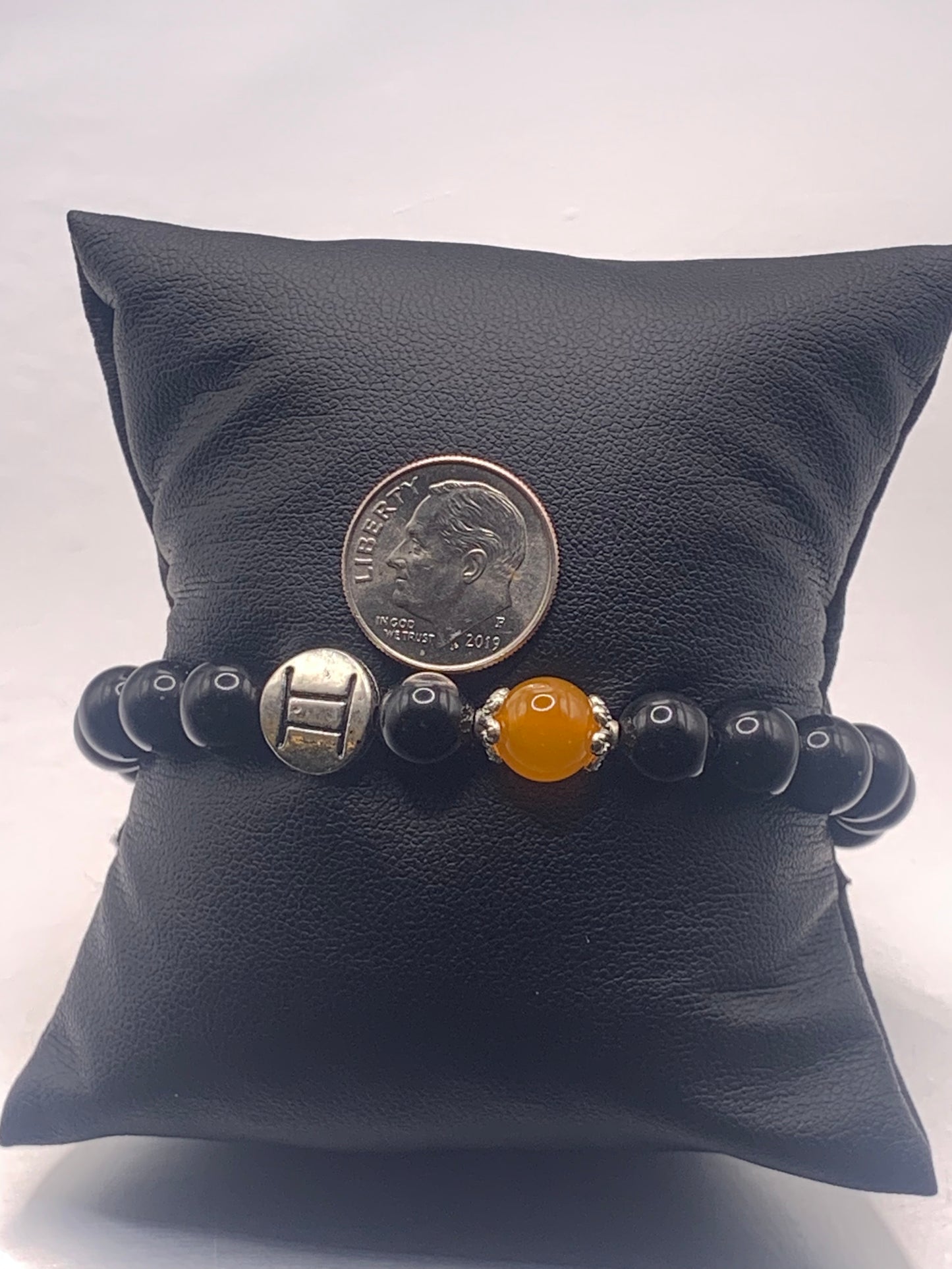Gemini Zodiac black obsidian with orange agate elastic beaded bracelet with silver accents