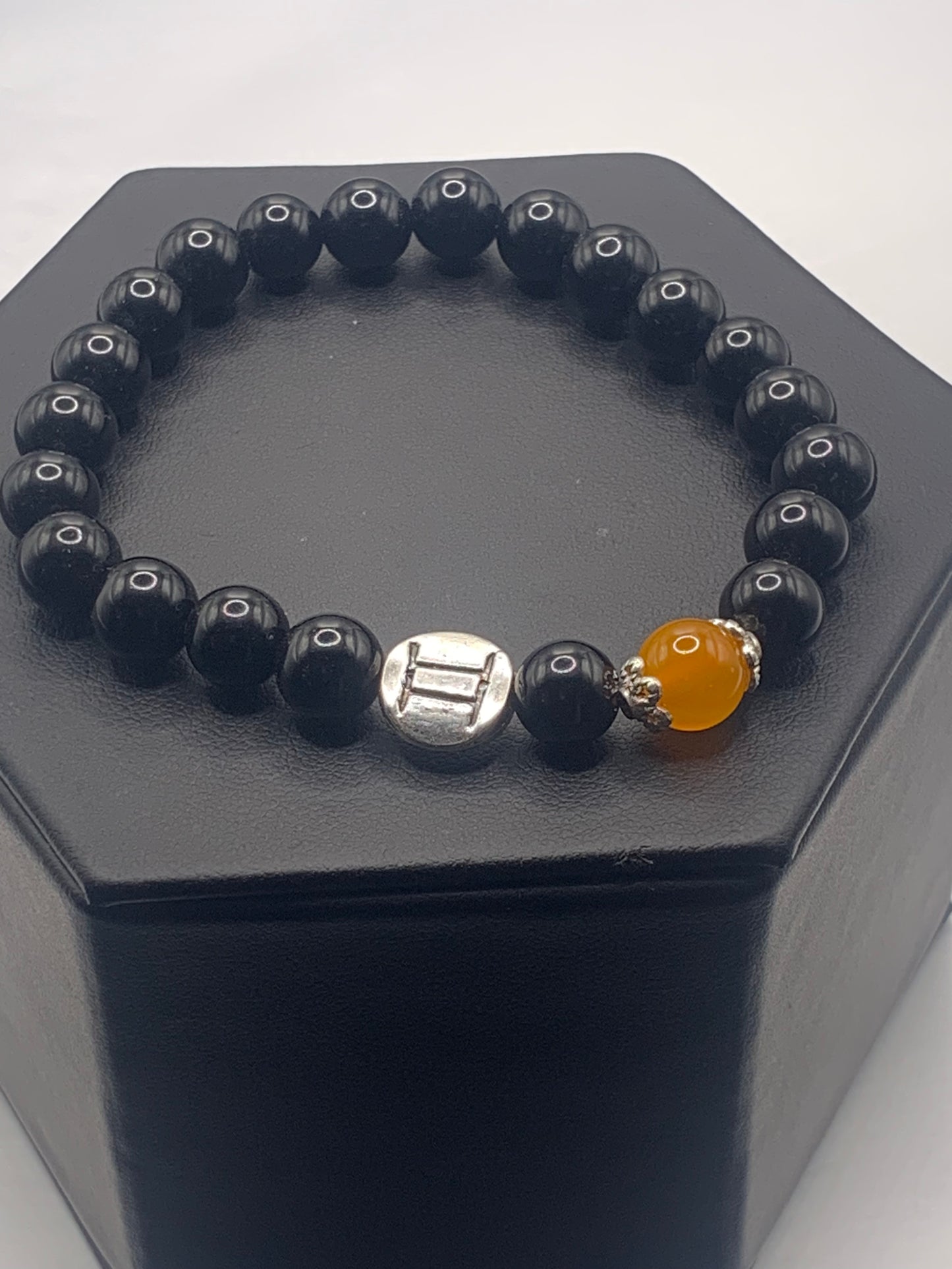 Gemini Zodiac black obsidian with orange agate elastic beaded bracelet with silver accents