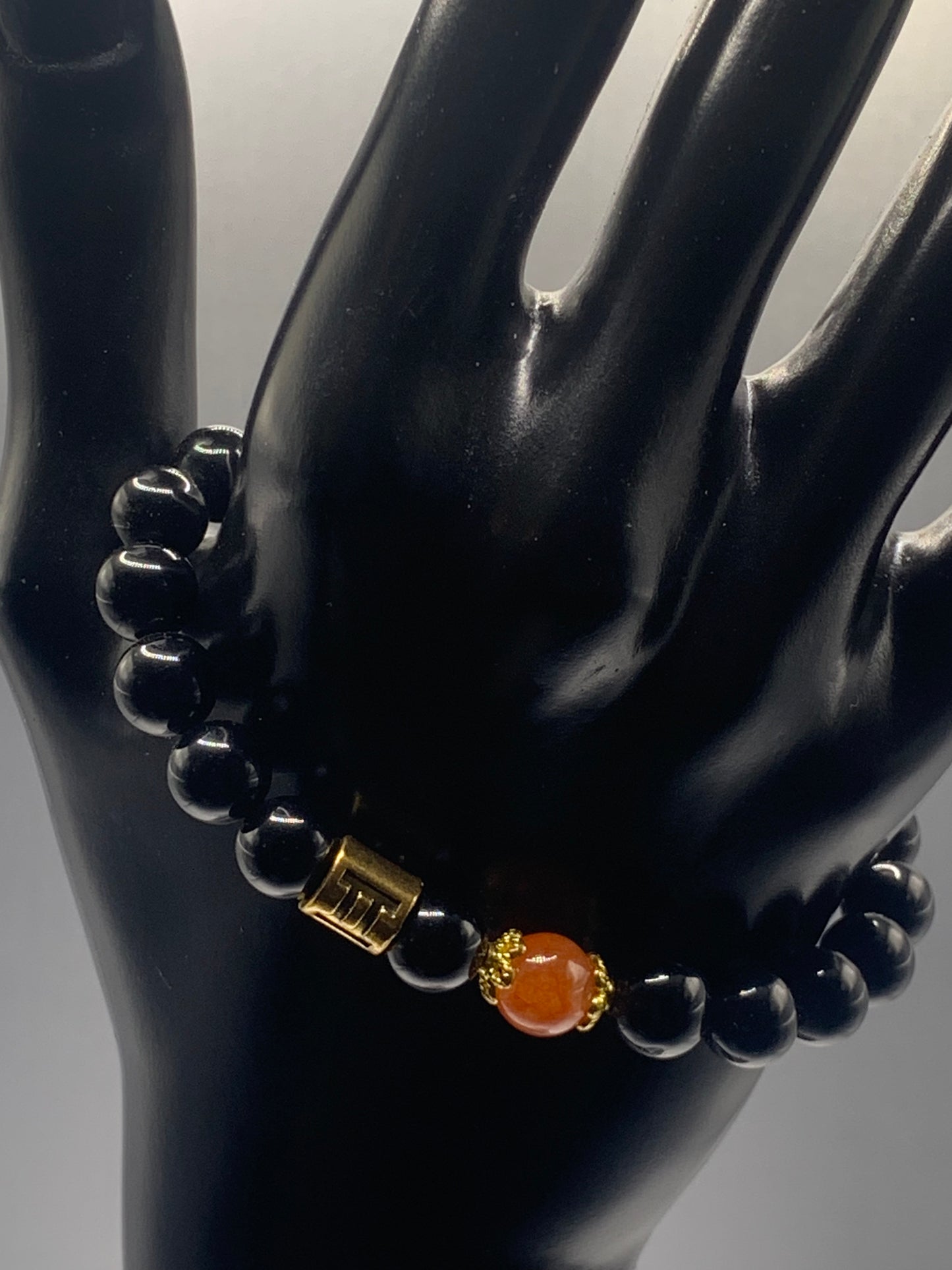 Gemini Zodiac black obsidian with phoenix agate elastic beaded bracelet with gold accents