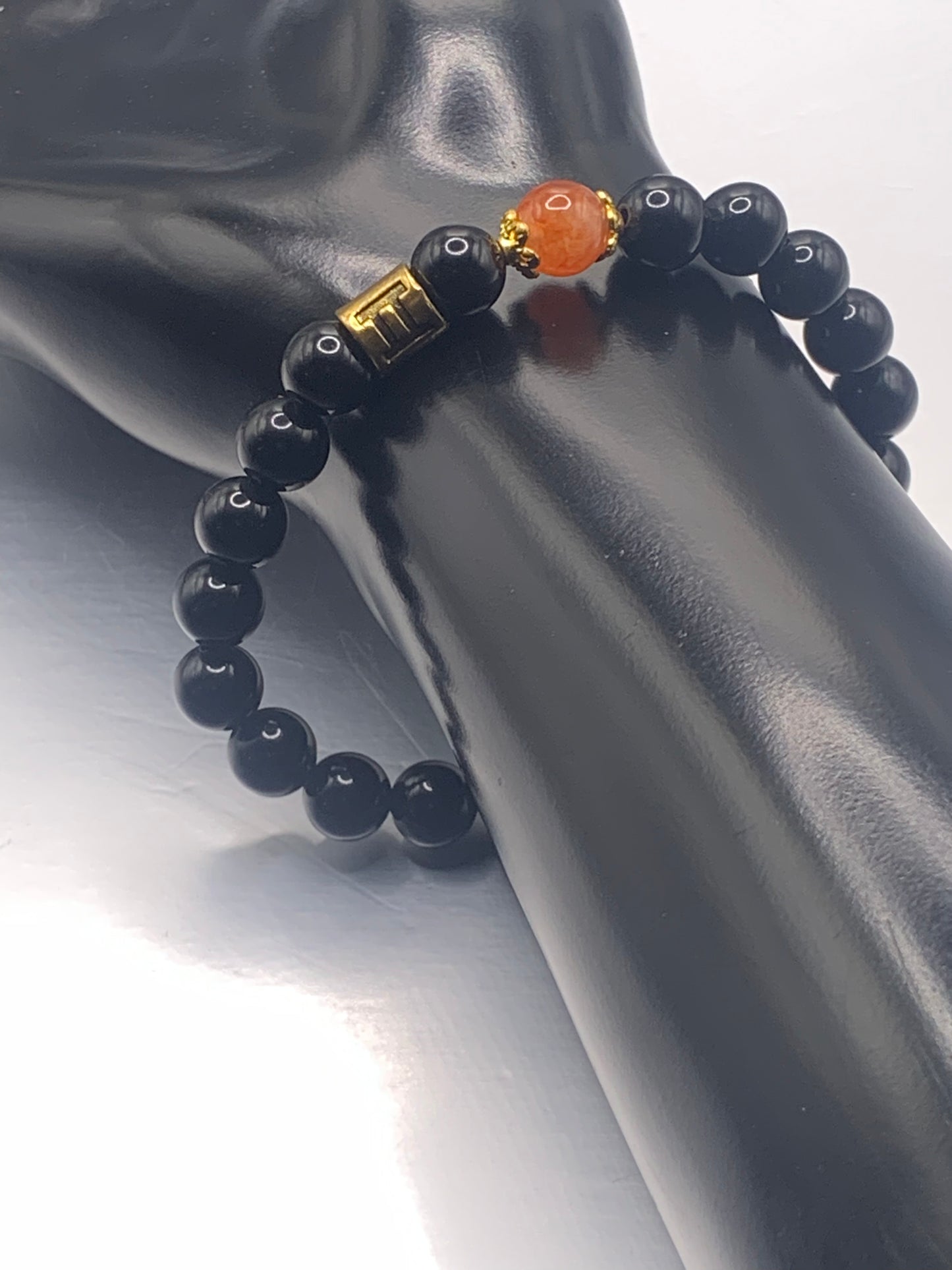 Gemini Zodiac black obsidian with phoenix agate elastic beaded bracelet with gold accents