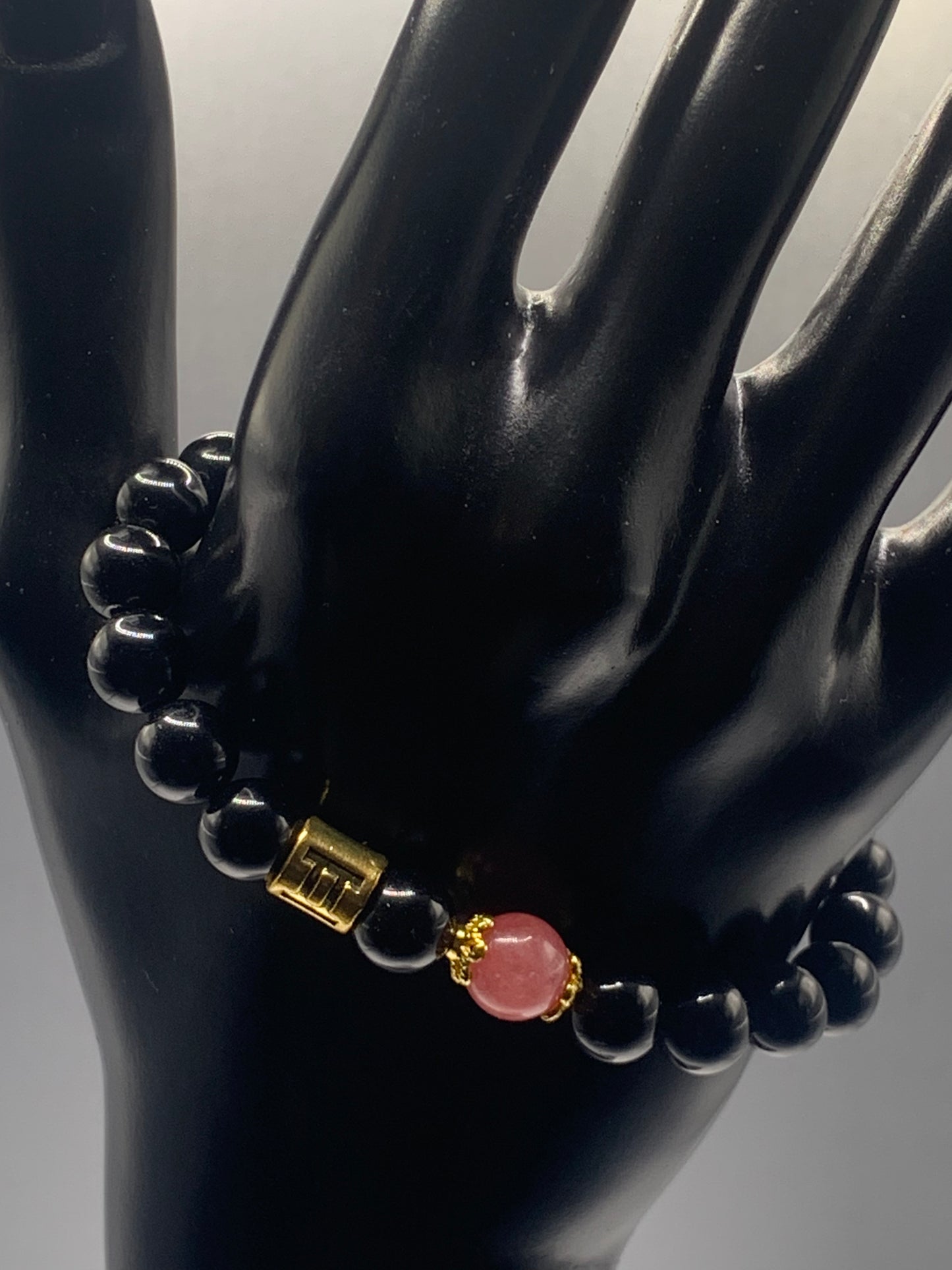 Gemini Zodiac black obsidian with pink chalcedony elastic beaded bracelet with gold accents