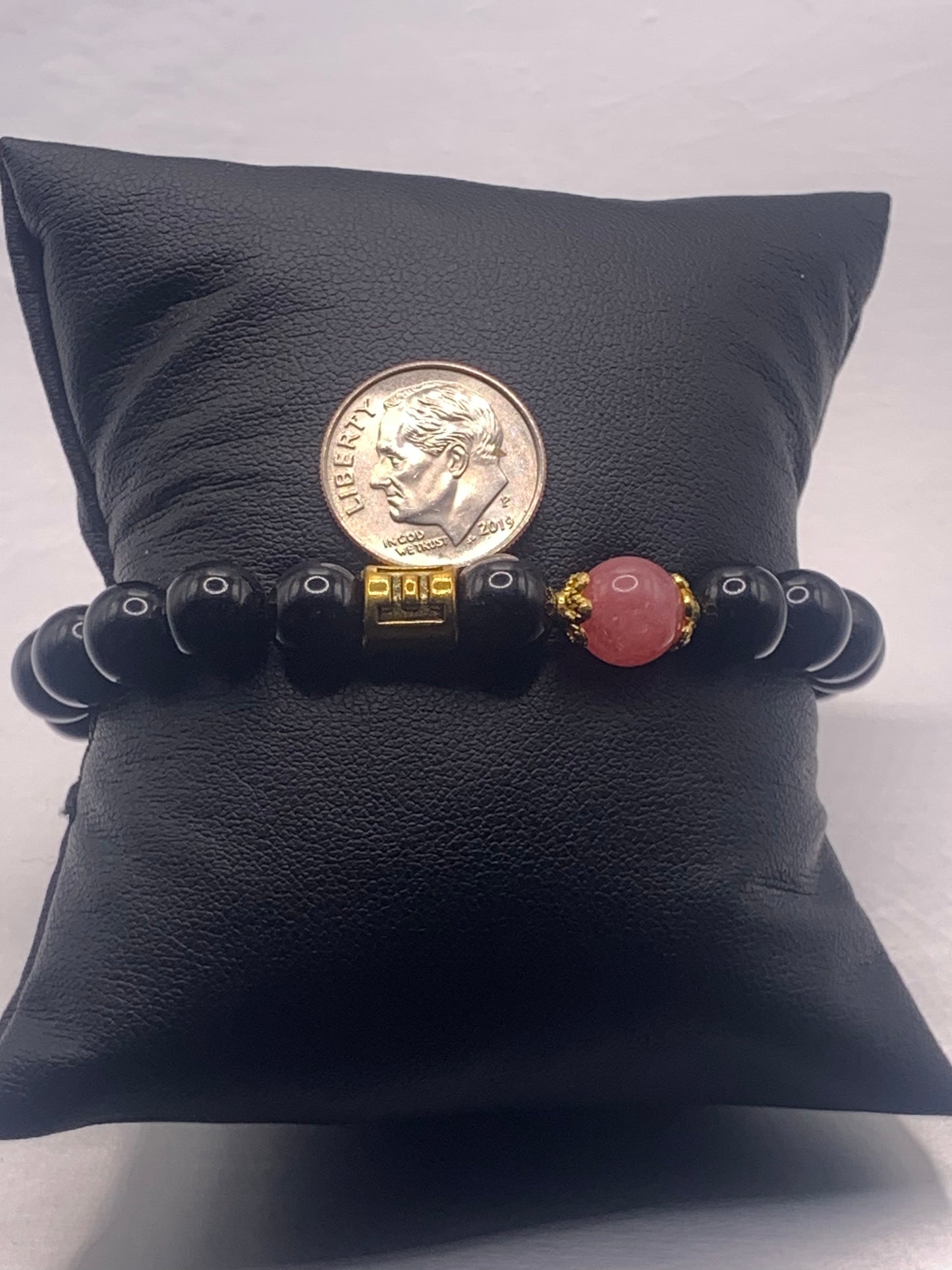 Gemini Zodiac black obsidian with pink chalcedony elastic beaded bracelet with gold accents