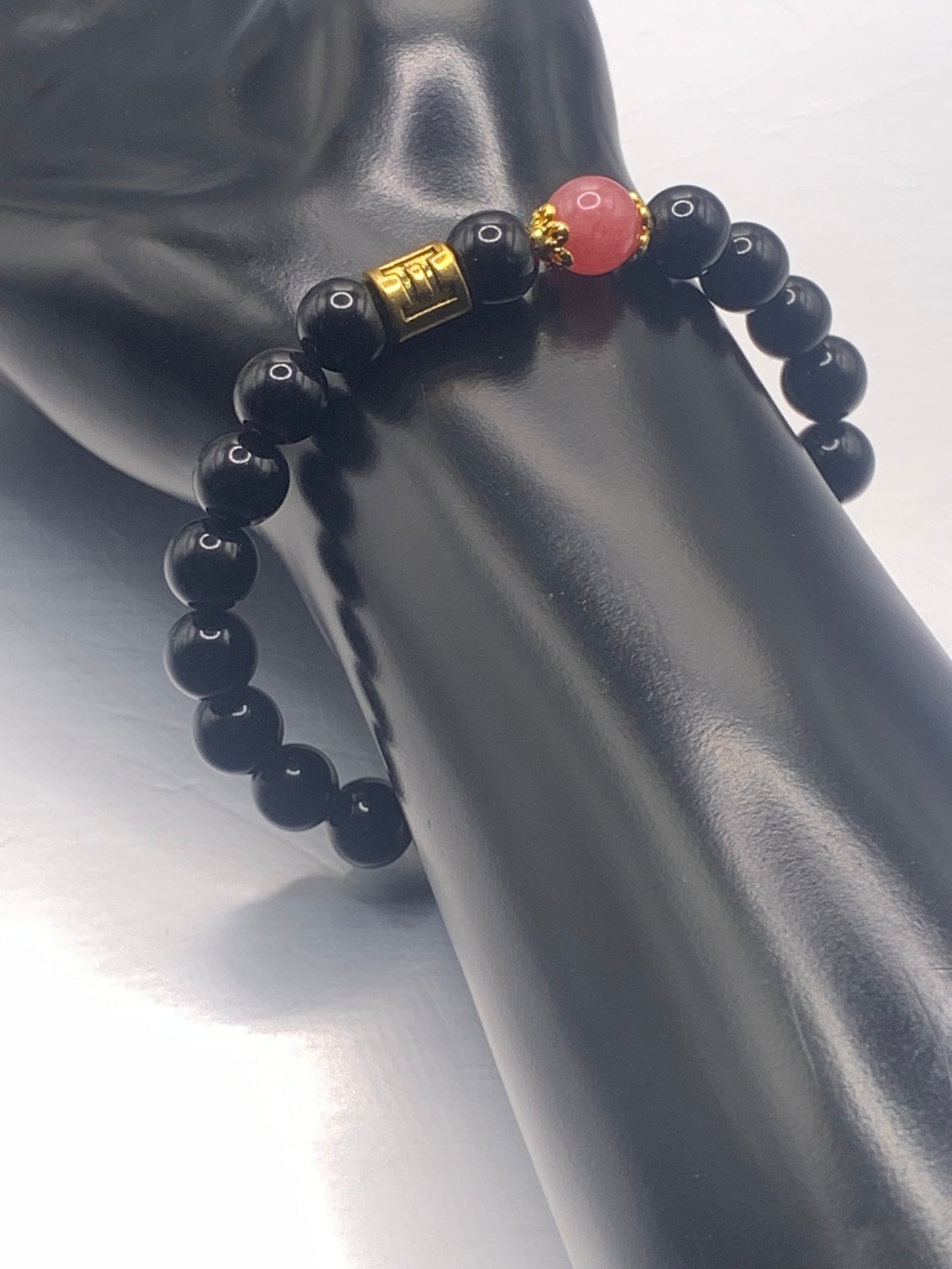 Gemini Zodiac black obsidian with pink chalcedony elastic beaded bracelet with gold accents