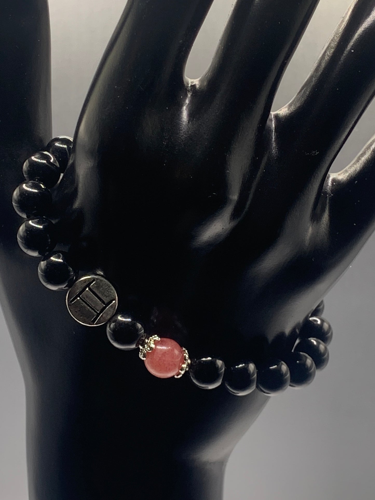 Gemini Zodiac black obsidian with pink chalcedony elastic beaded bracelet with silver accents