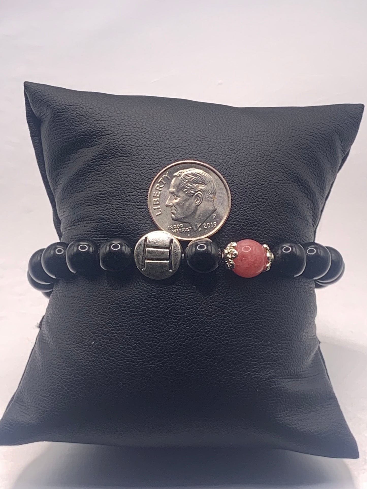 Gemini Zodiac black obsidian with pink chalcedony elastic beaded bracelet with silver accents