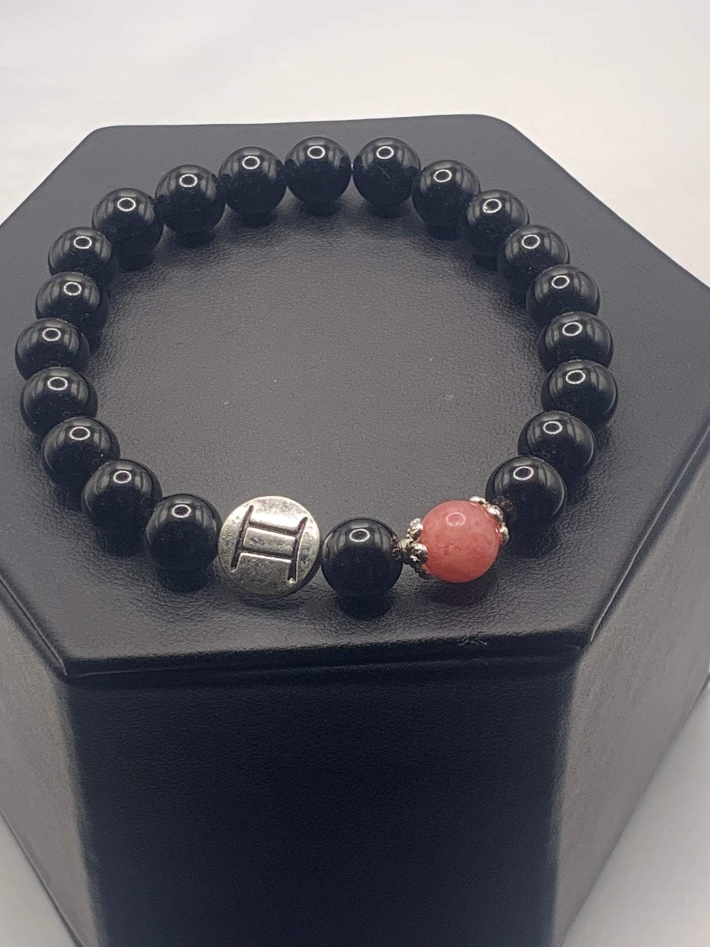 Gemini Zodiac black obsidian with pink chalcedony elastic beaded bracelet with silver accents