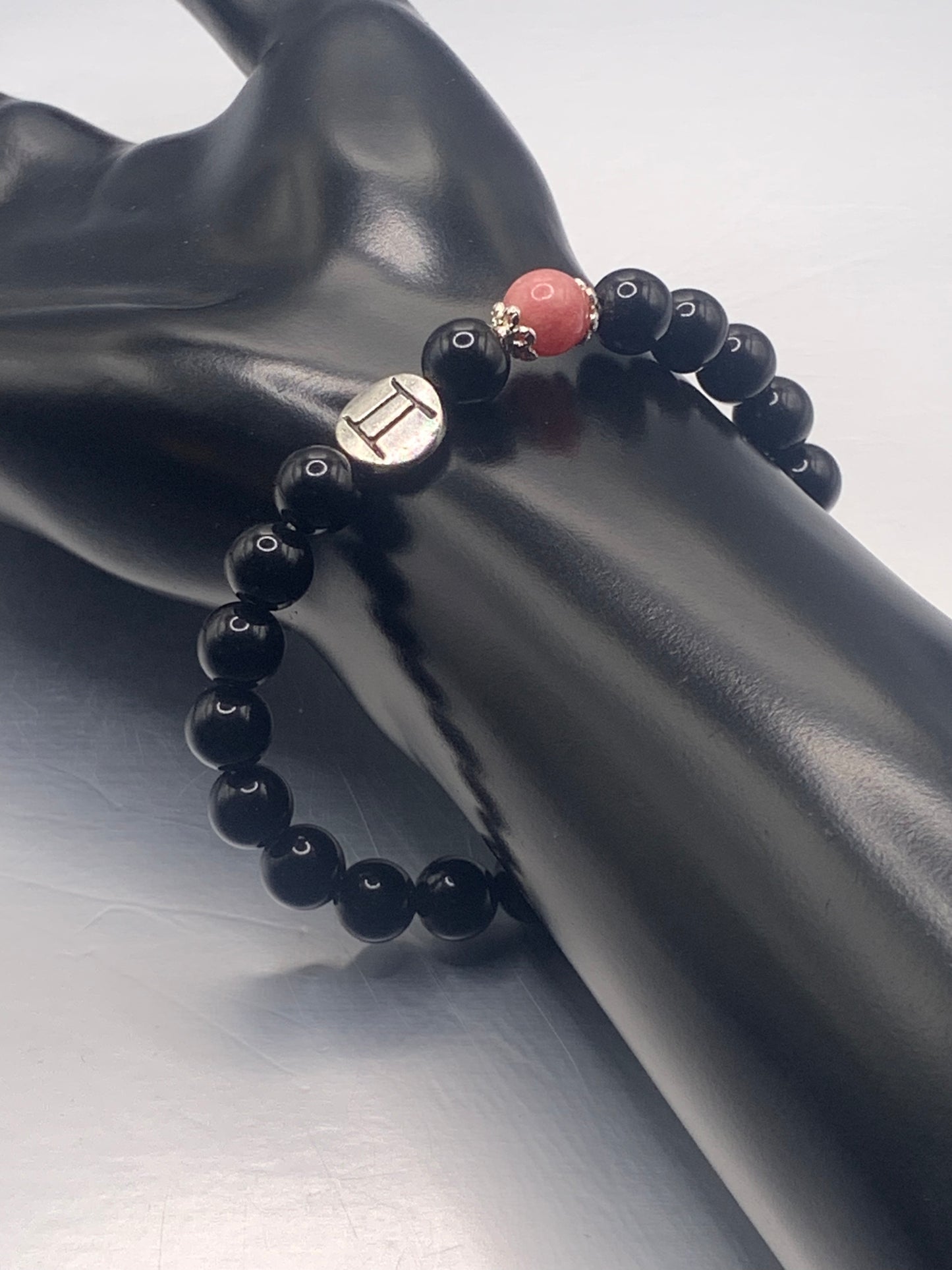 Gemini Zodiac black obsidian with pink chalcedony elastic beaded bracelet with silver accents