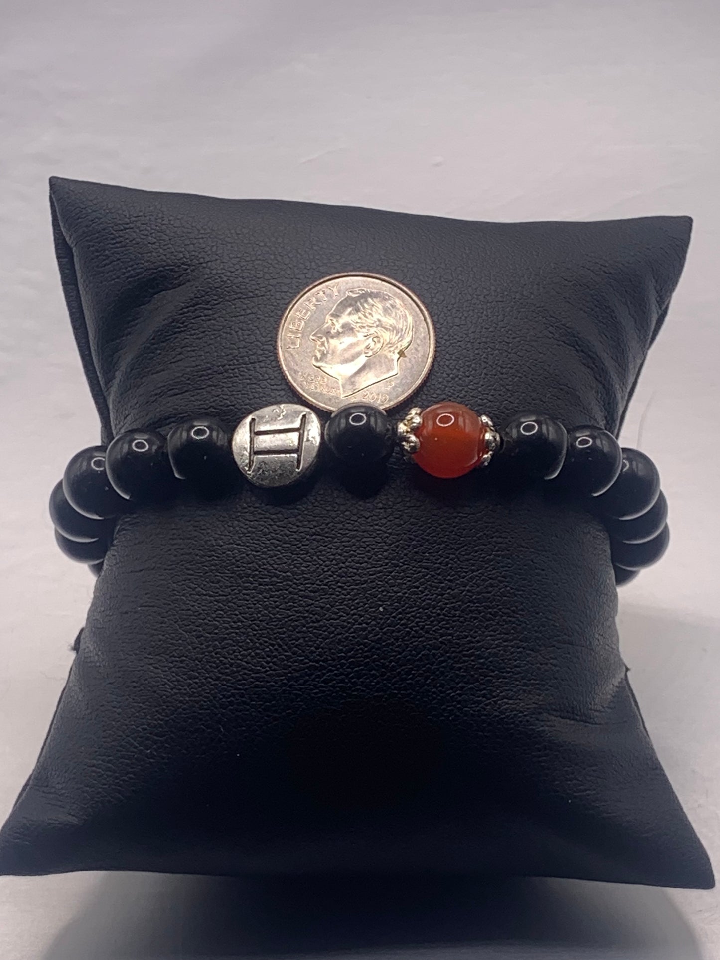 Gemini Zodiac black obsidian with red agate elastic beaded bracelet with silver accents