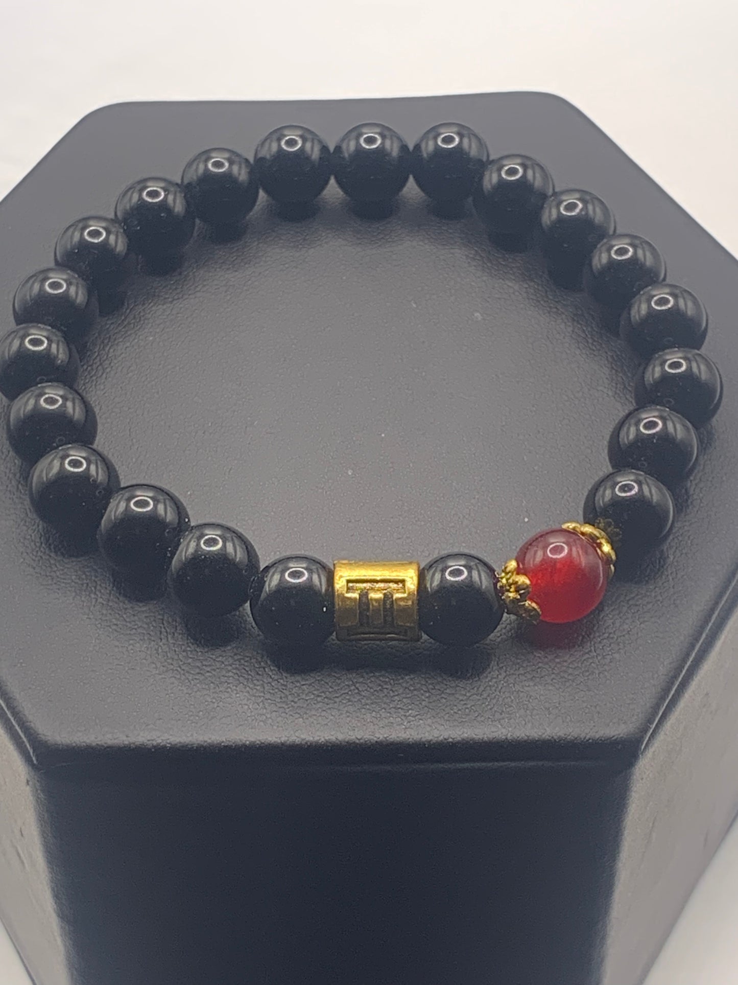 Gemini Zodiac black obsidian with red chalcedony elastic beaded bracelet with gold accents