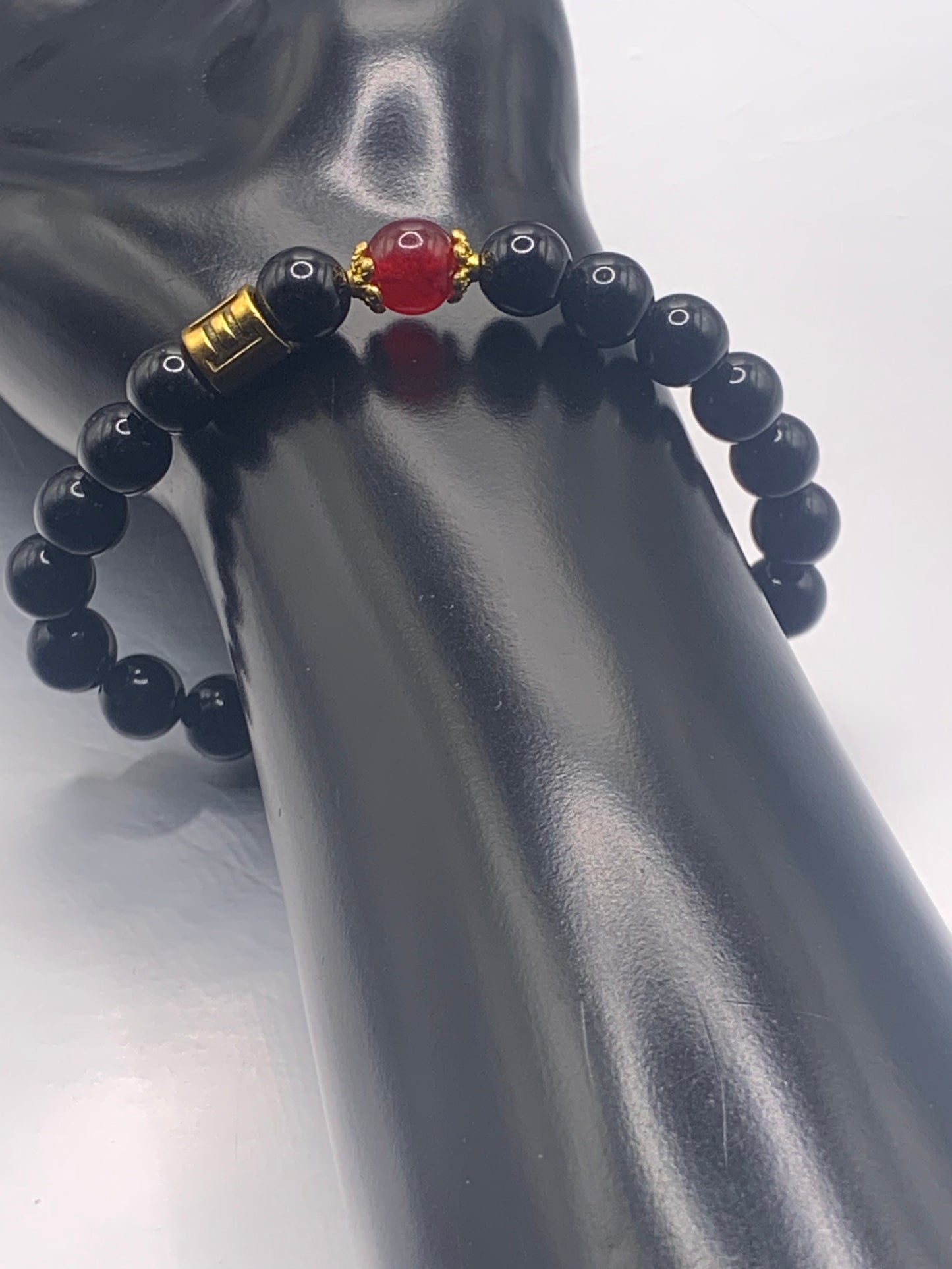 Gemini Zodiac black obsidian with red chalcedony elastic beaded bracelet with gold accents