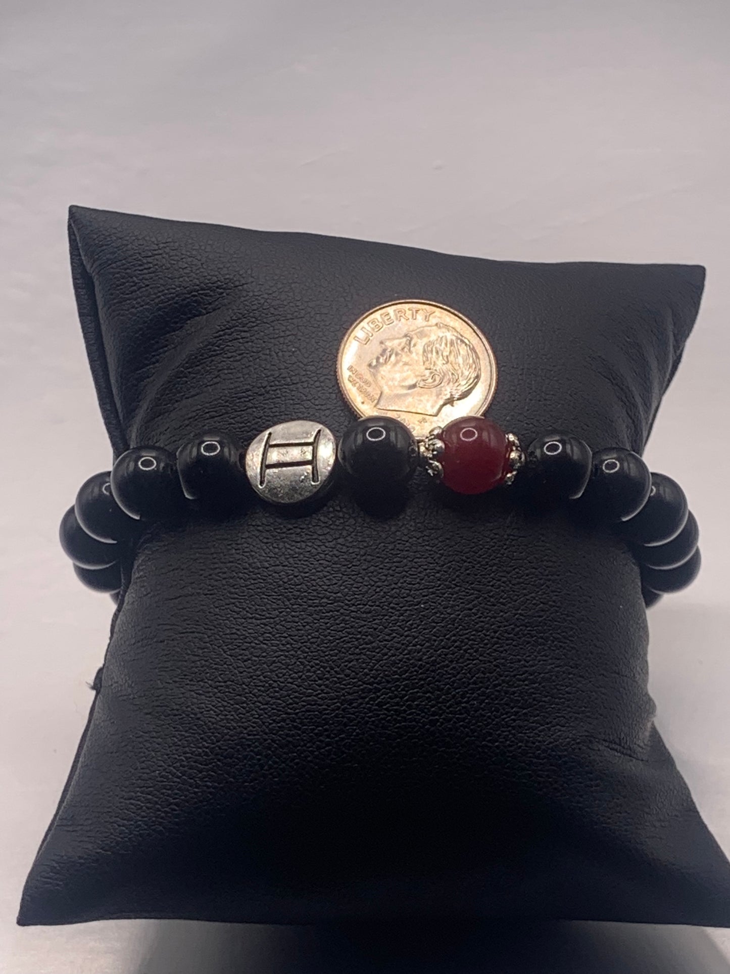 Gemini Zodiac black obsidian with red chalcedony elastic beaded bracelet with silver accents