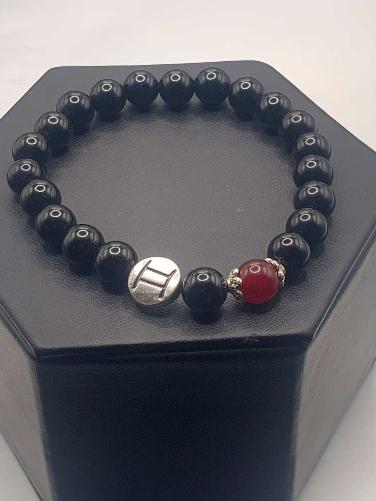 Gemini Zodiac black obsidian with red chalcedony elastic beaded bracelet with silver accents