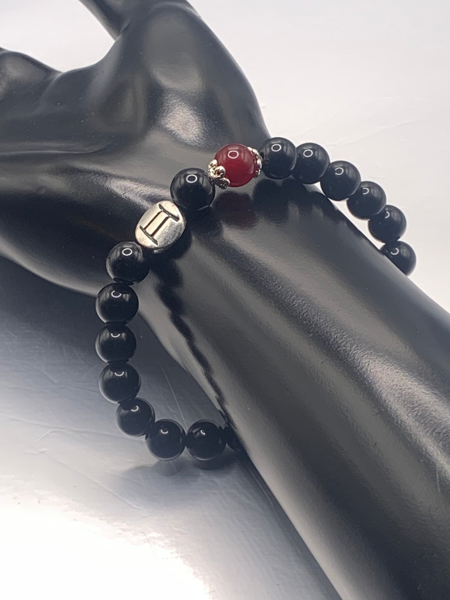 Gemini Zodiac black obsidian with red chalcedony elastic beaded bracelet with silver accents