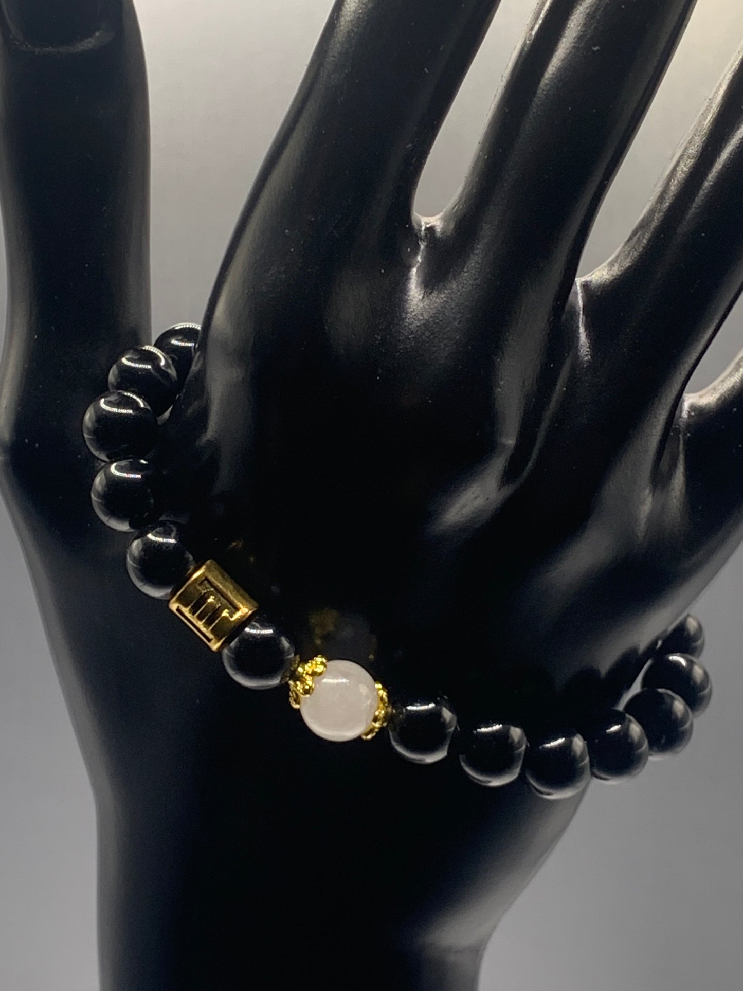 Gemini Zodiac black obsidian with white chalcedony elastic beaded bracelet with gold accents