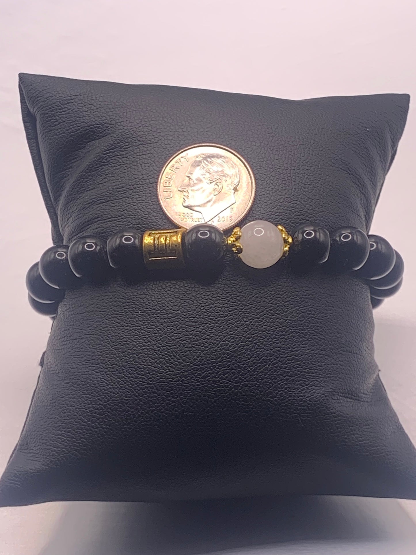 Gemini Zodiac black obsidian with white chalcedony elastic beaded bracelet with gold accents