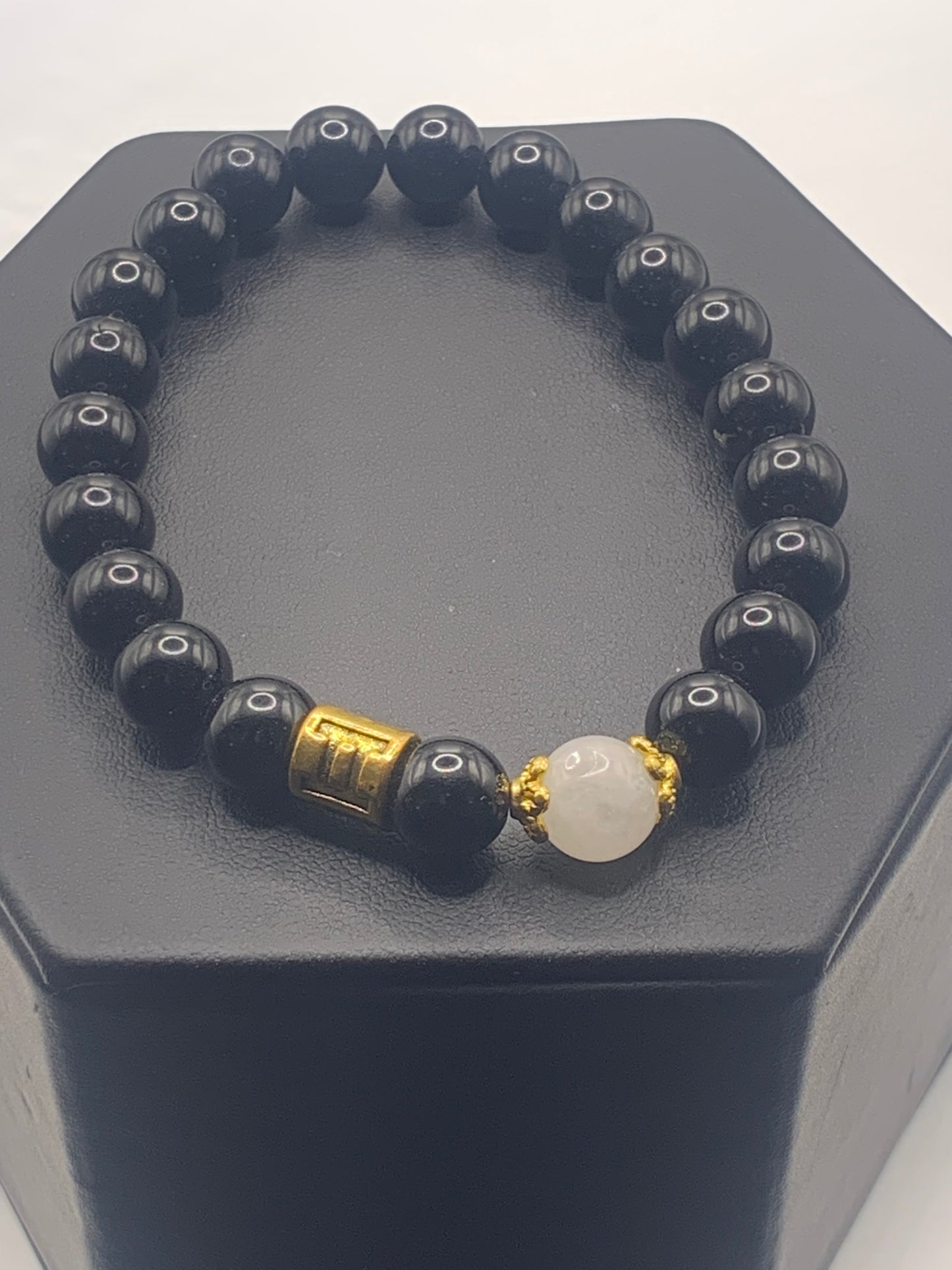 Gemini Zodiac black obsidian with white chalcedony elastic beaded bracelet with gold accents