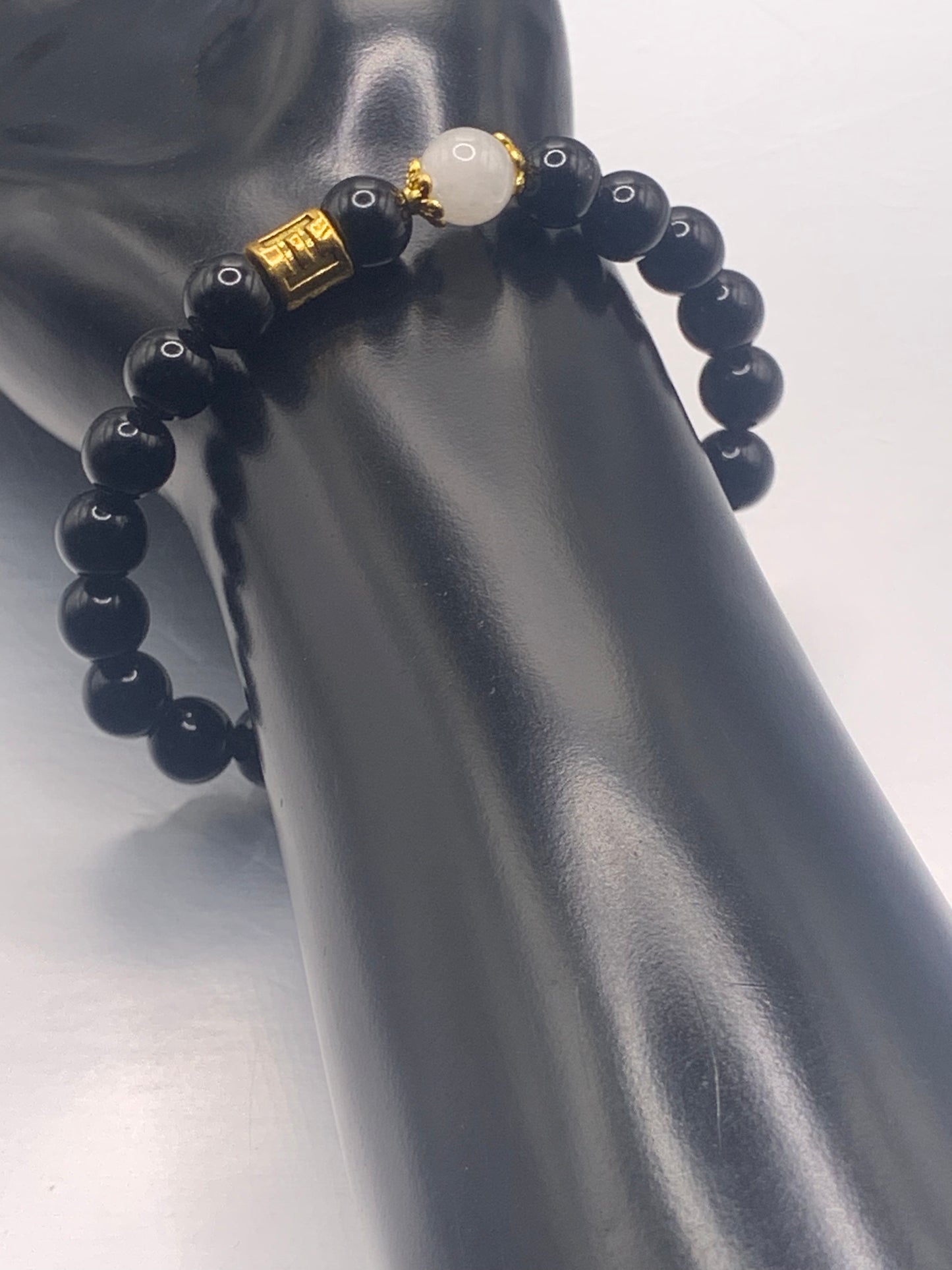 Gemini Zodiac black obsidian with white chalcedony elastic beaded bracelet with gold accents
