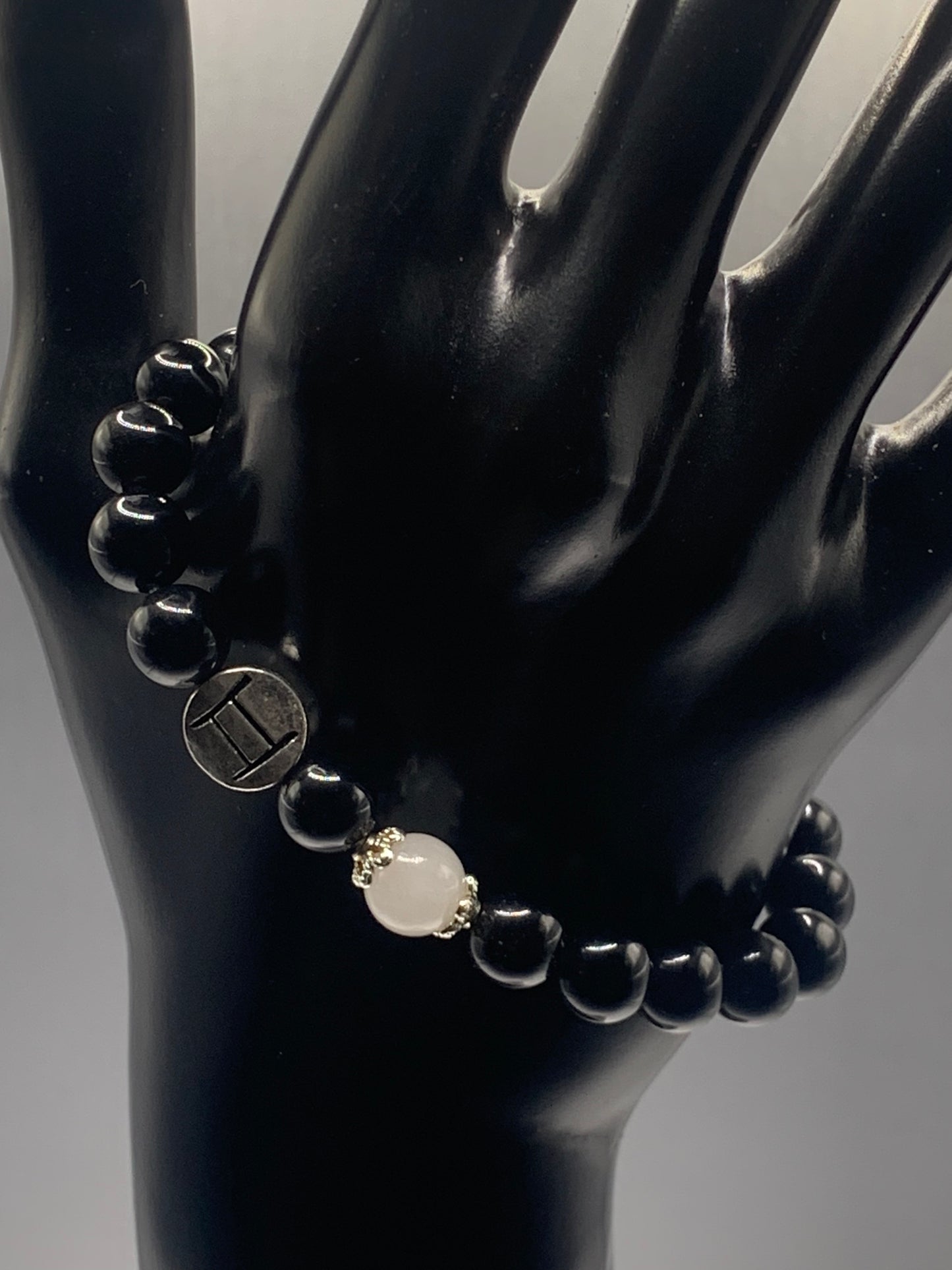 Gemini Zodiac black obsidian with white chalcedony elastic beaded bracelet with silver accents