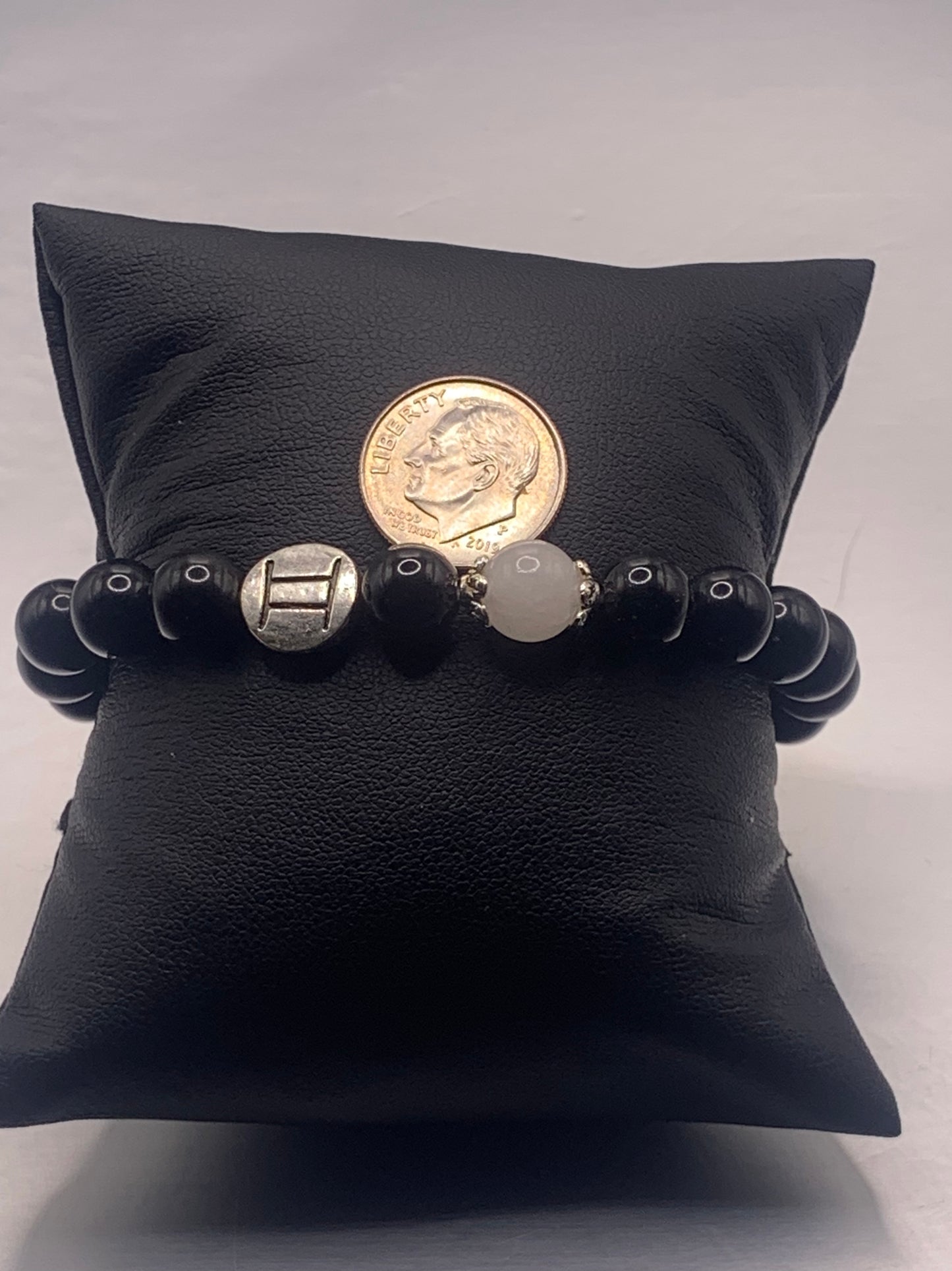 Gemini Zodiac black obsidian with white chalcedony elastic beaded bracelet with silver accents