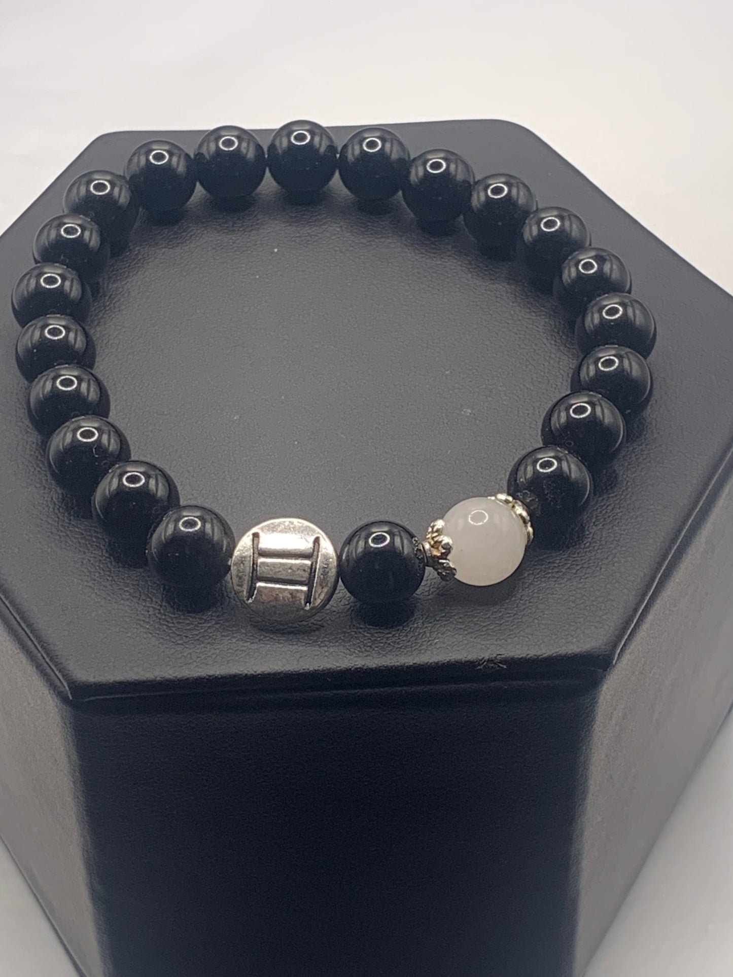 Gemini Zodiac black obsidian with white chalcedony elastic beaded bracelet with silver accents