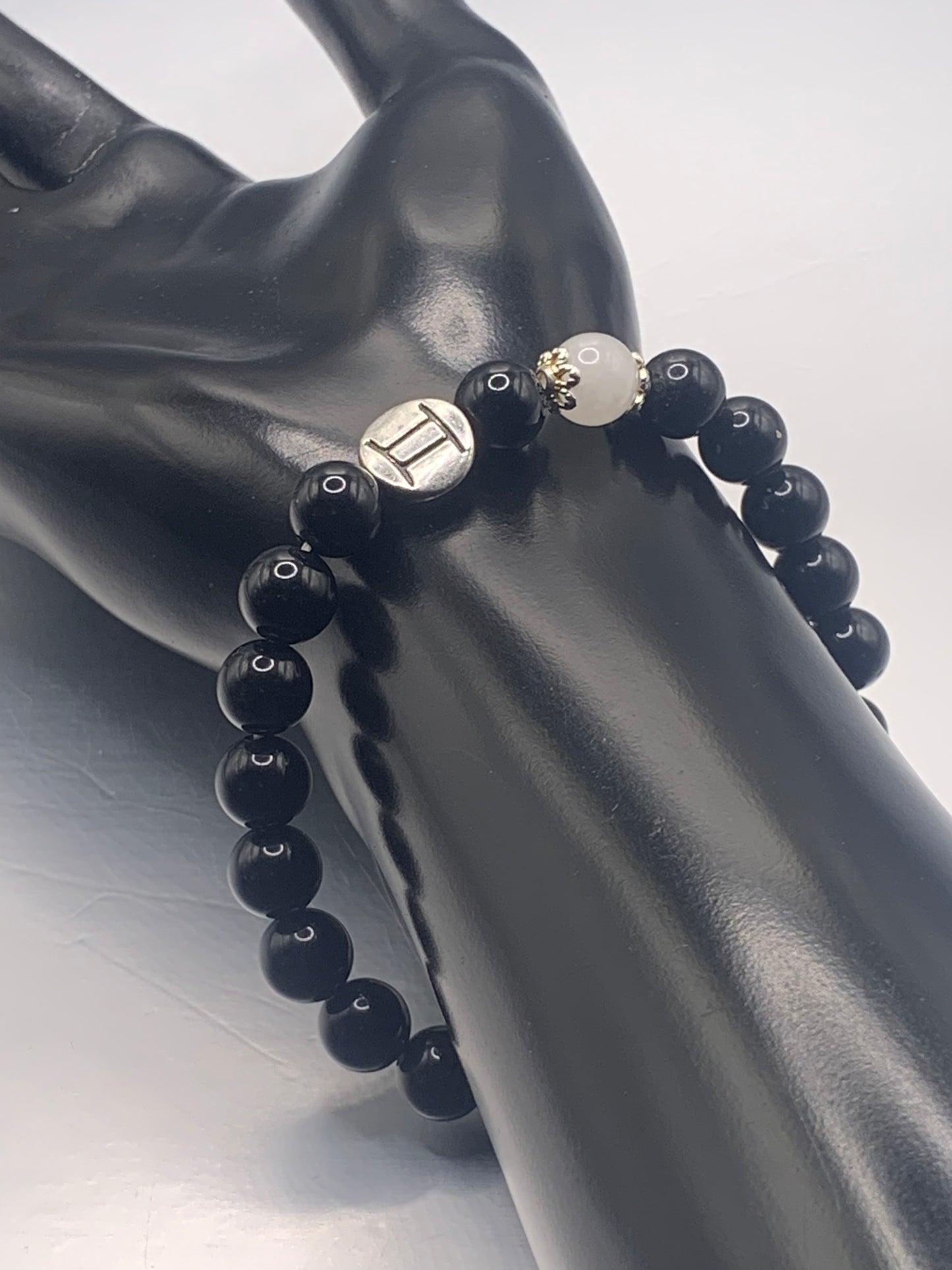 Gemini Zodiac black obsidian with white chalcedony elastic beaded bracelet with silver accents