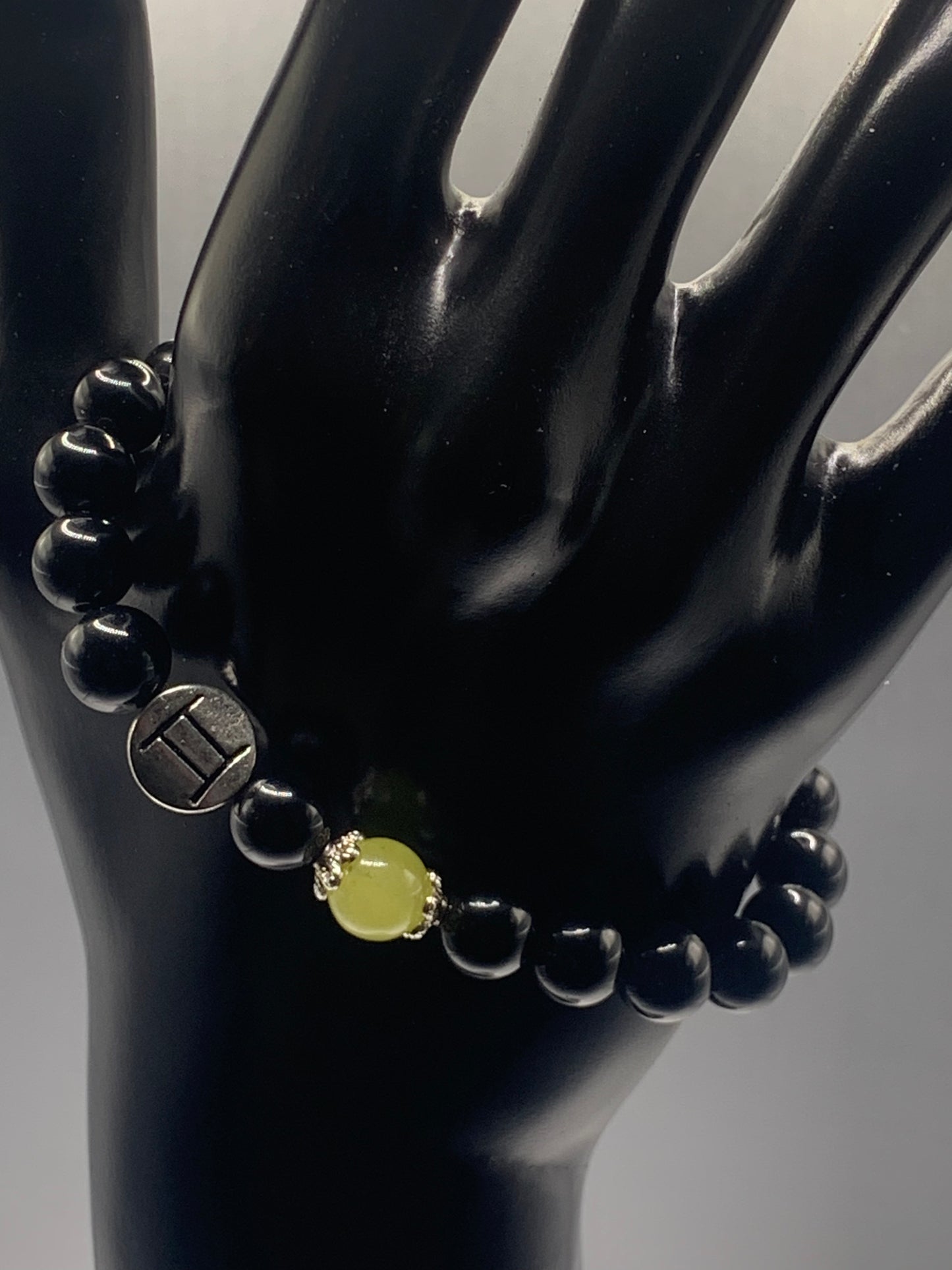 Gemini Zodiac black obsidian with yellow agate elastic beaded bracelet with silver accents