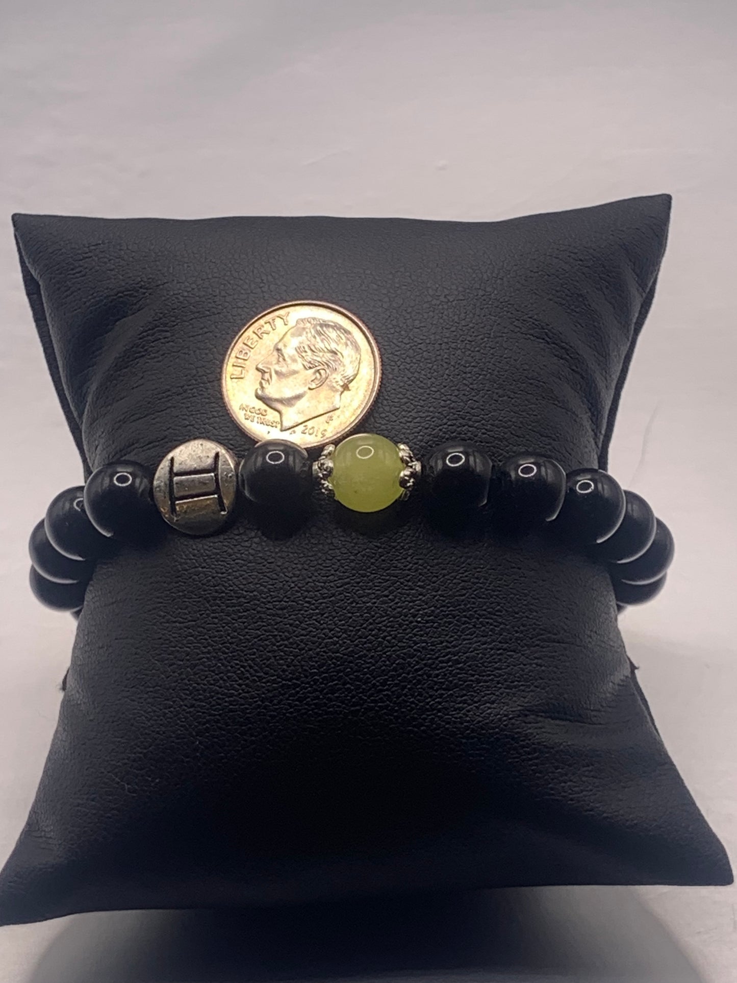 Gemini Zodiac black obsidian with yellow agate elastic beaded bracelet with silver accents