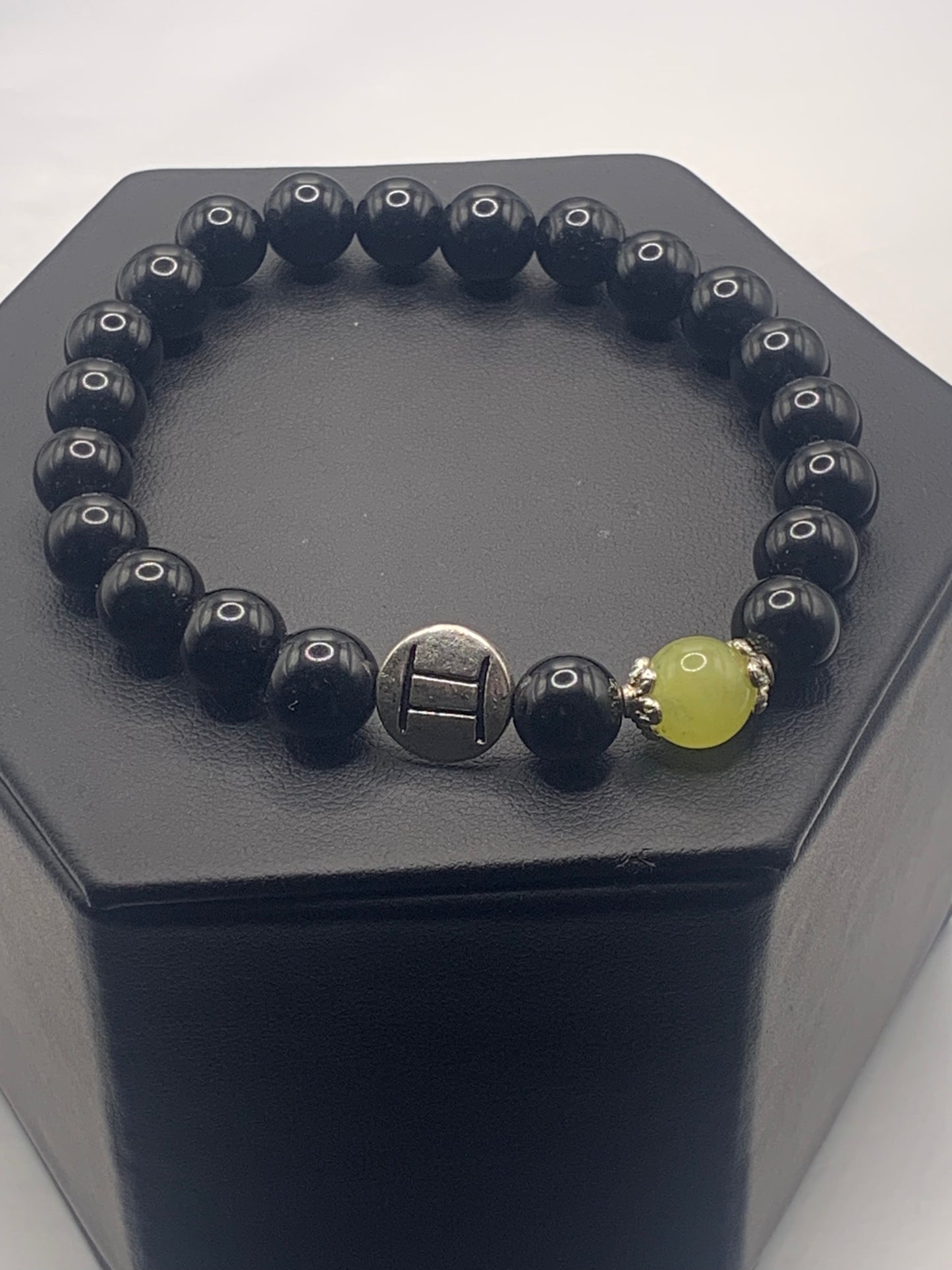 Gemini Zodiac black obsidian with yellow agate elastic beaded bracelet with silver accents