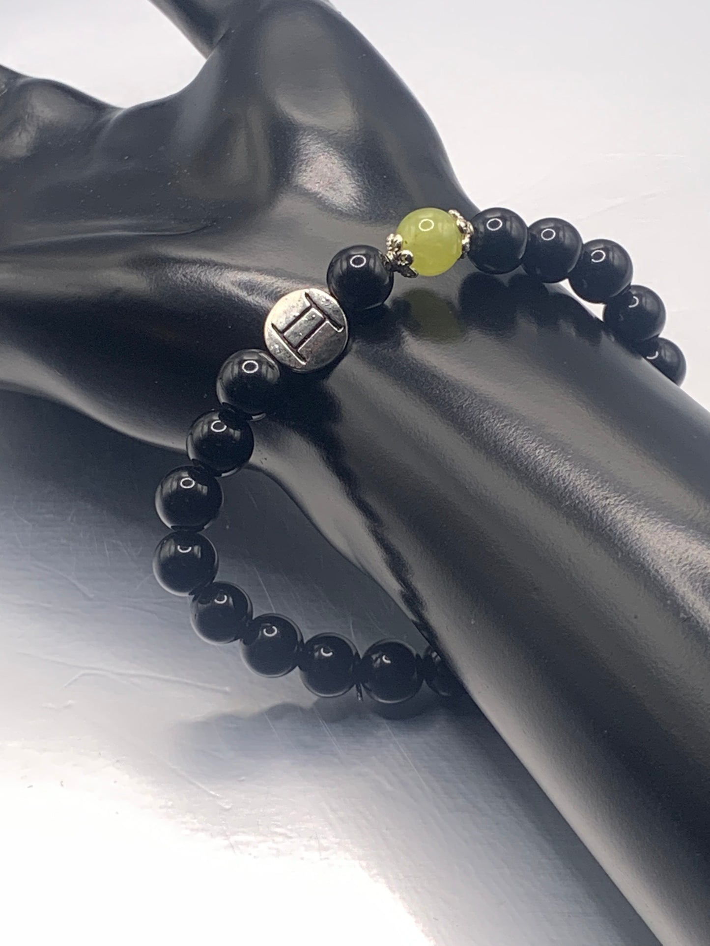 Gemini Zodiac black obsidian with yellow agate elastic beaded bracelet with silver accents