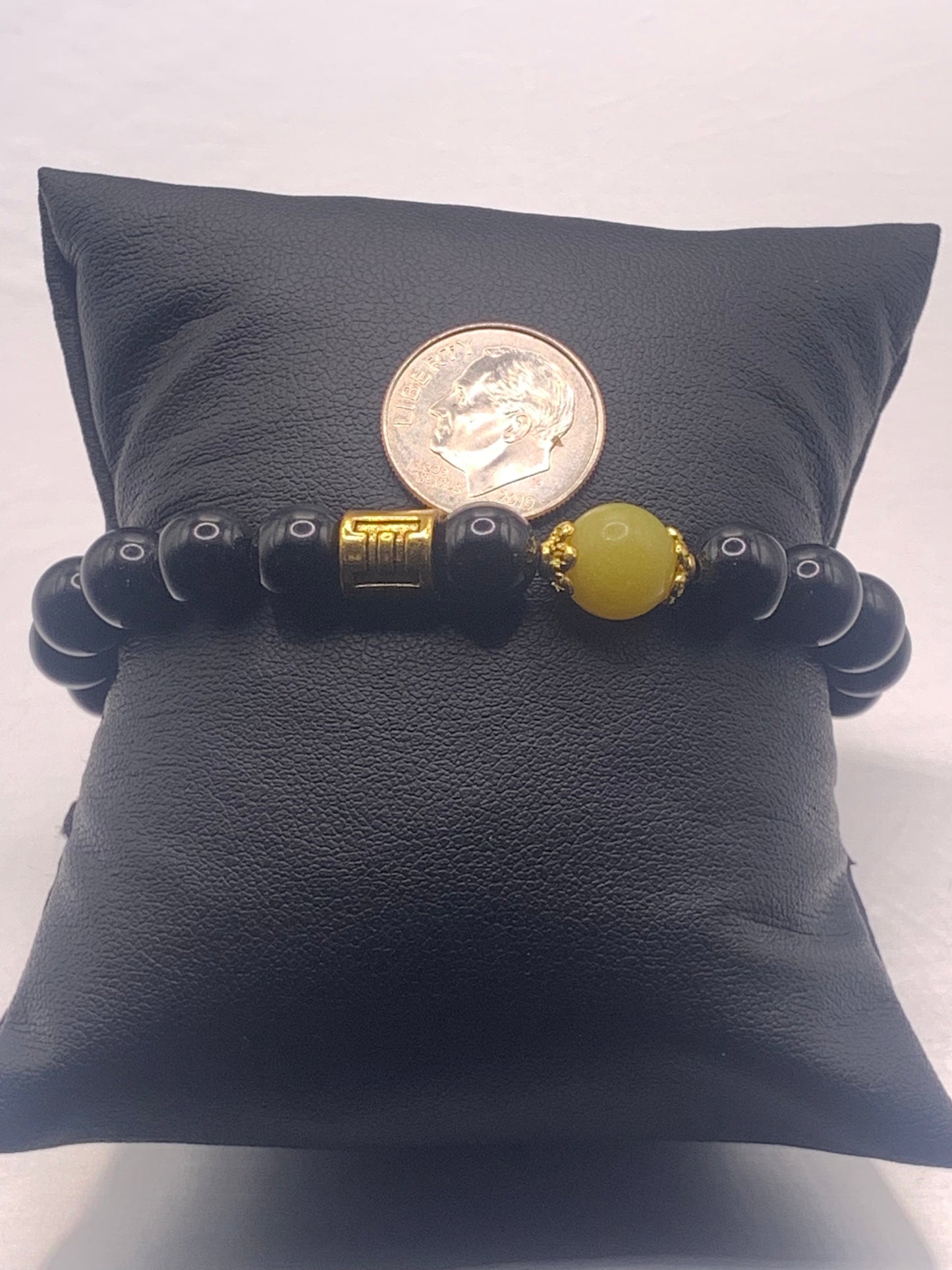 Gemini Zodiac black obsidian with yellow jade elastic beaded bracelet with gold accents