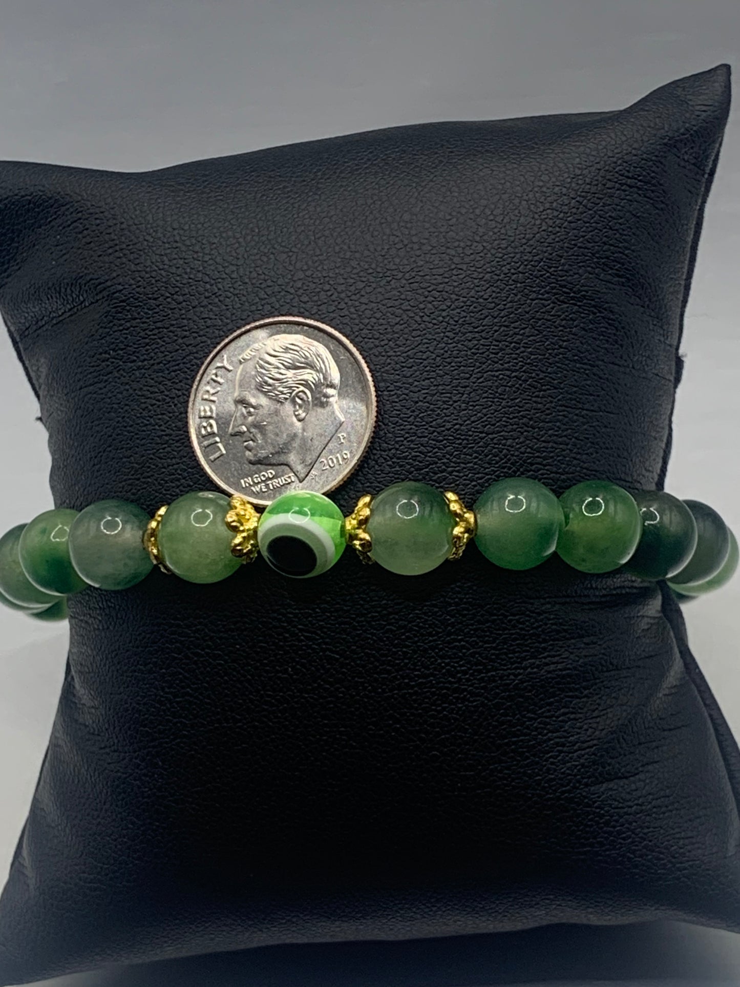 Green agate semi precious stone/crystal with resin evil eye beaded elastic bracelet