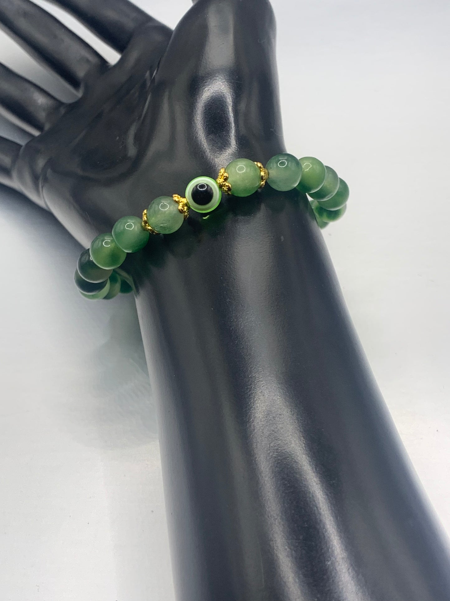 Green agate semi precious stone/crystal with resin evil eye beaded elastic bracelet