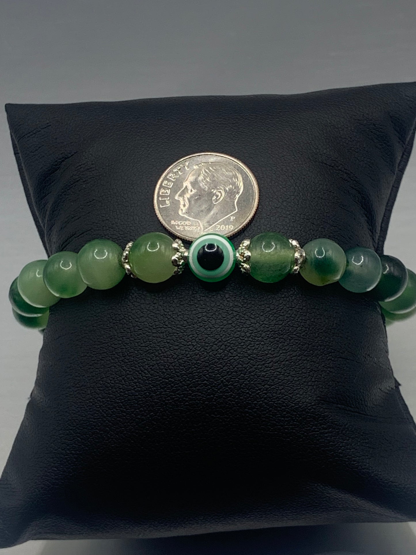Green agate semi precious stone/crystal with resin evil eye beaded elastic bracelet