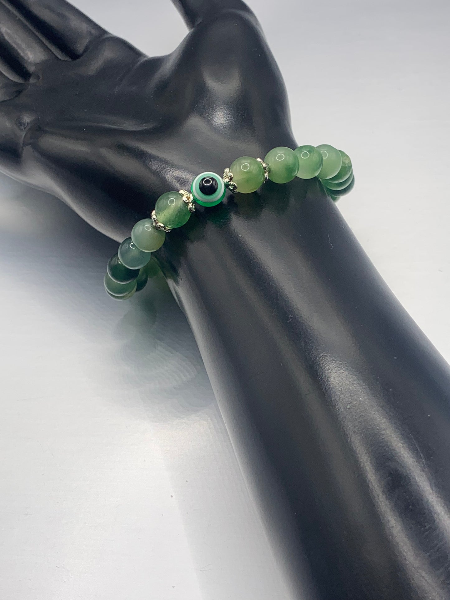 Green agate semi precious stone/crystal with resin evil eye beaded elastic bracelet