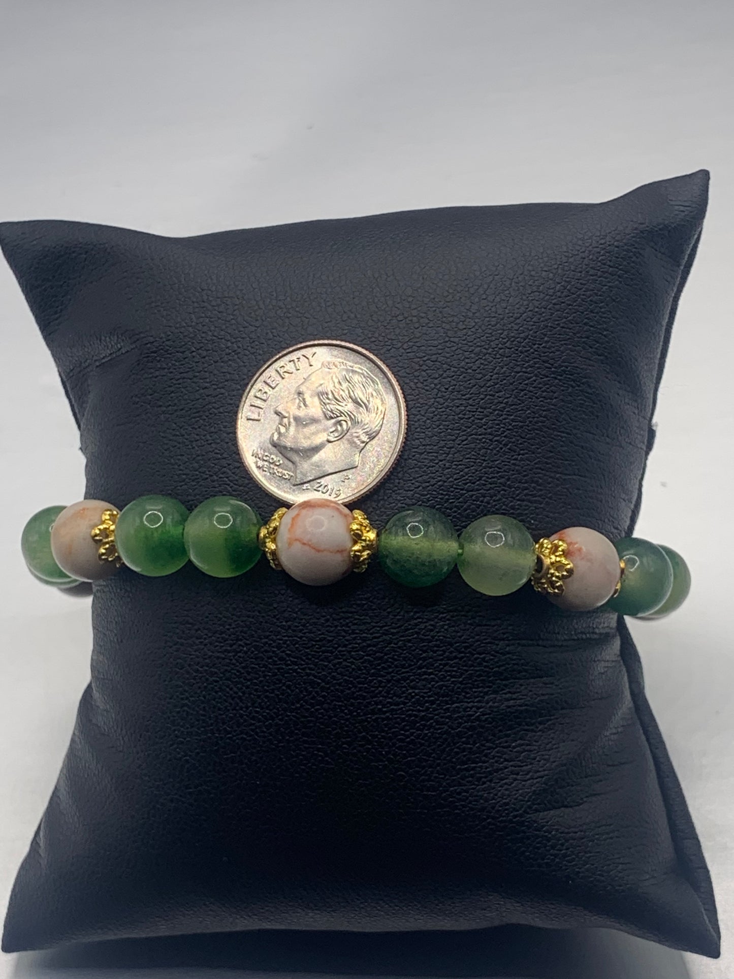 Red vein jasper and green agate semi precious stone/crystal elastic beaded bracelet with gold plated flower bead caps