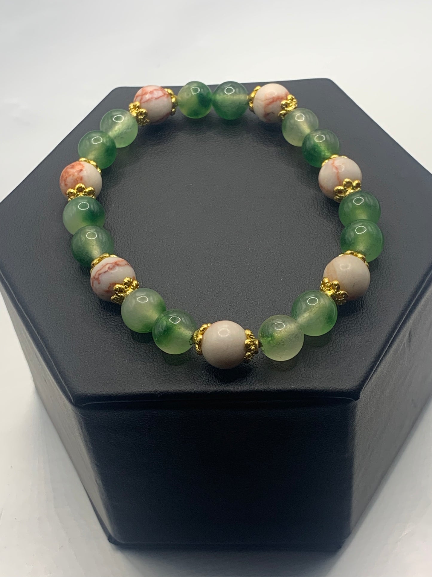Red vein jasper and green agate semi precious stone/crystal elastic beaded bracelet with gold plated flower bead caps
