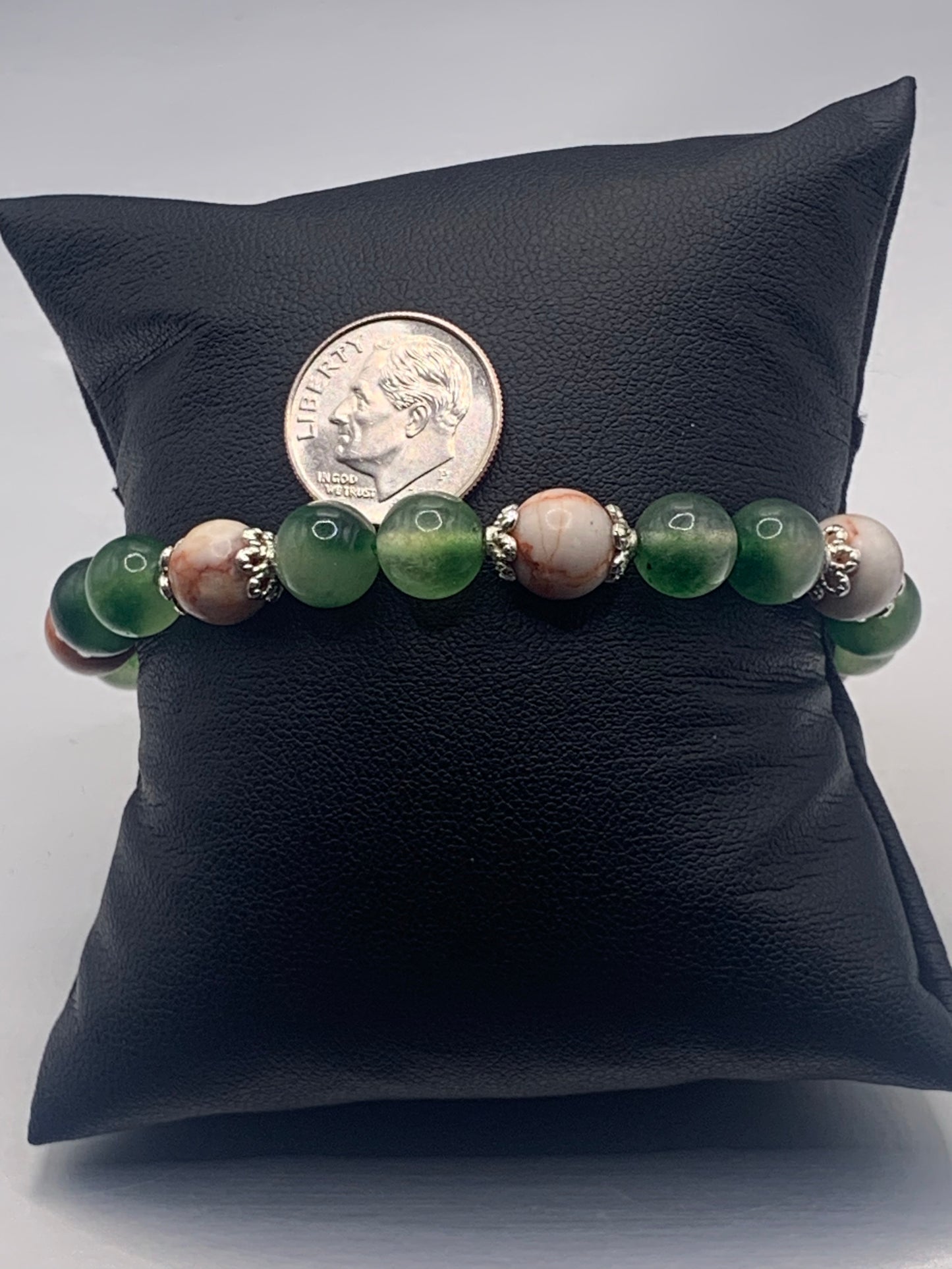 Red vein jasper and green agate semi precious stone/crystal elastic beaded bracelet with silver plated flower bead caps