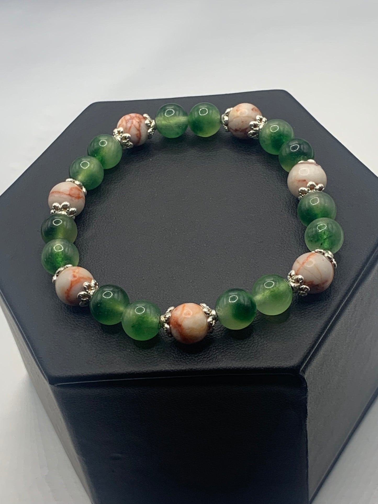 Red vein jasper and green agate semi precious stone/crystal elastic beaded bracelet with silver plated flower bead caps