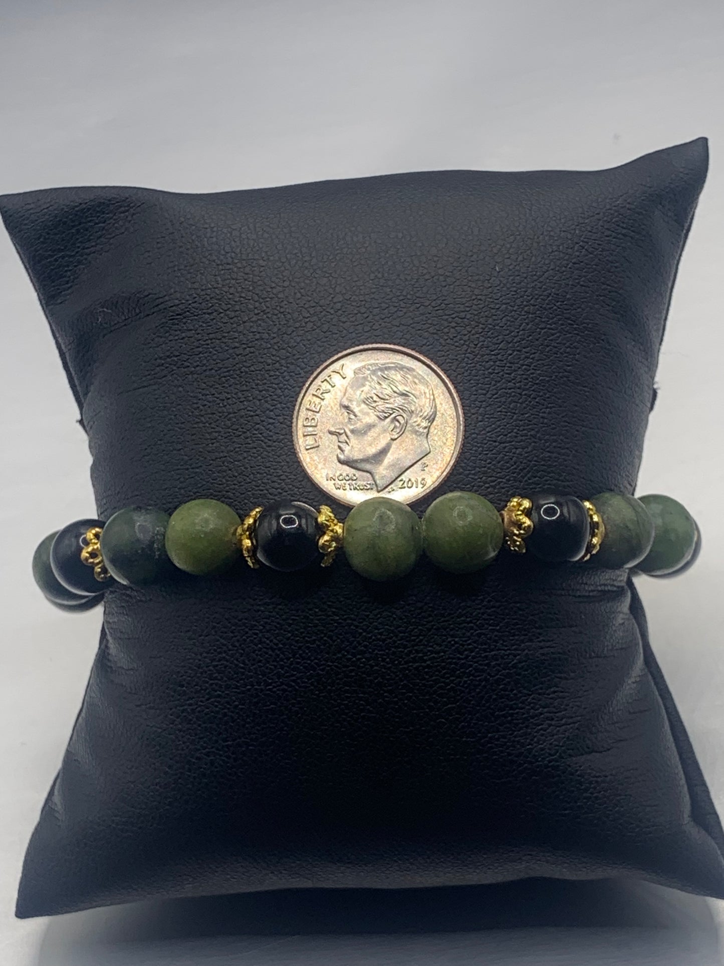 Black obsidian with green jade semi precious stone/crystal beaded elastic bracelet with gold plated flower bead caps