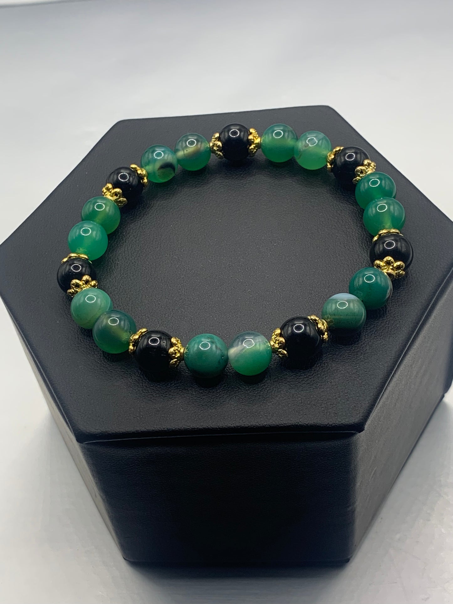 Black obsidian with green lace agate semi precious stone/crystal beaded elastic bracelet with gold plated flower bead caps