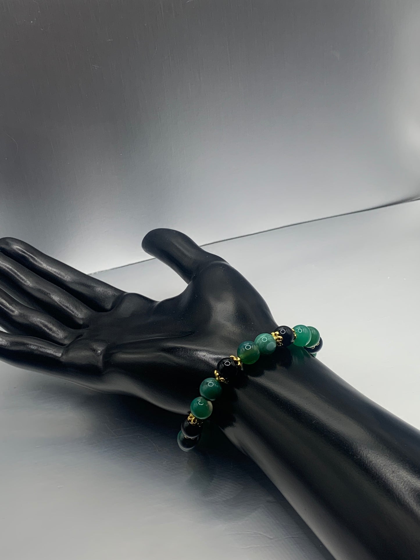 Black obsidian with green lace agate semi precious stone/crystal beaded elastic bracelet with gold plated flower bead caps