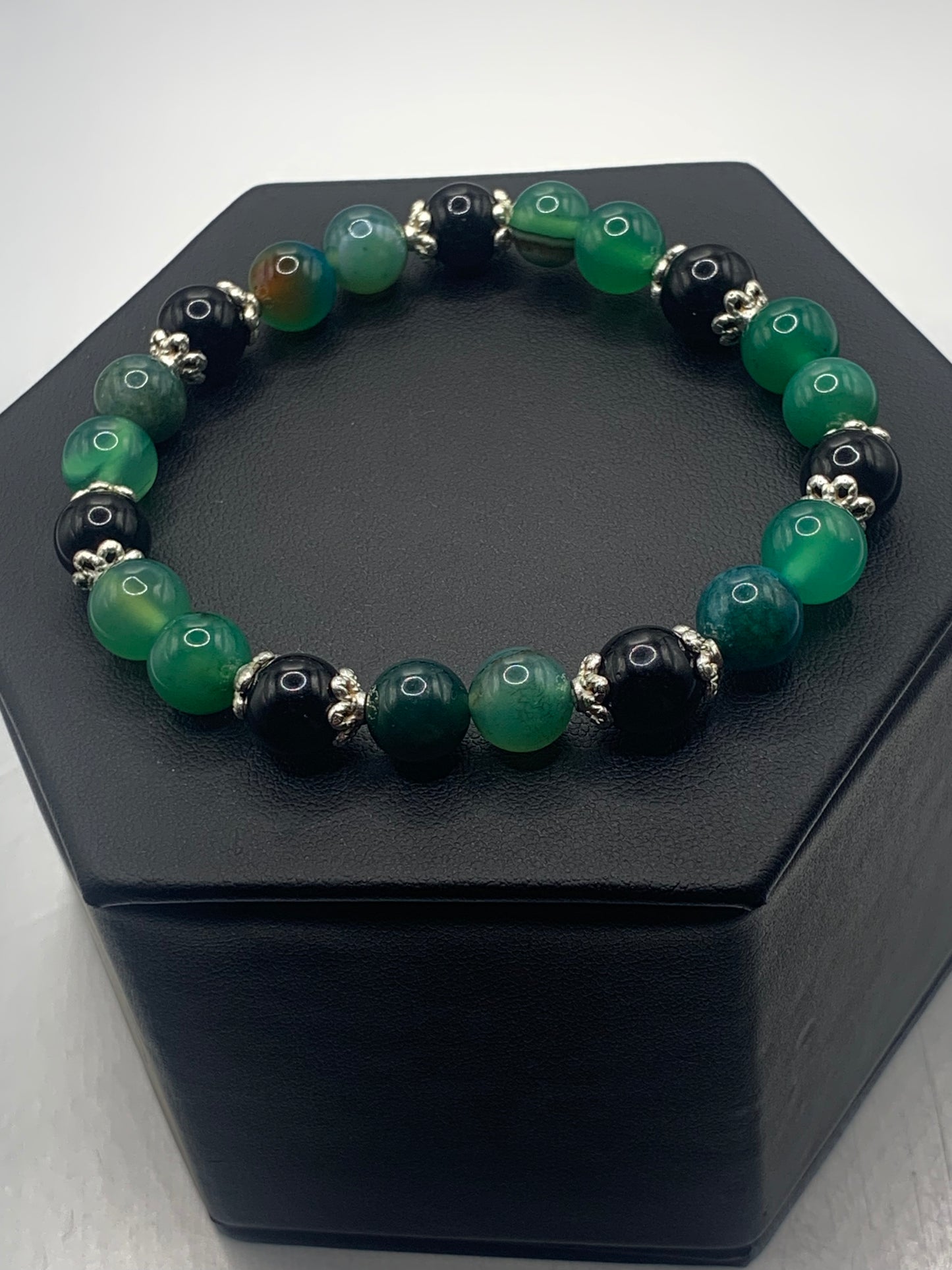 Black obsidian with green lace agate semi precious stone/crystal beaded elastic bracelet with silver plated flower bead caps
