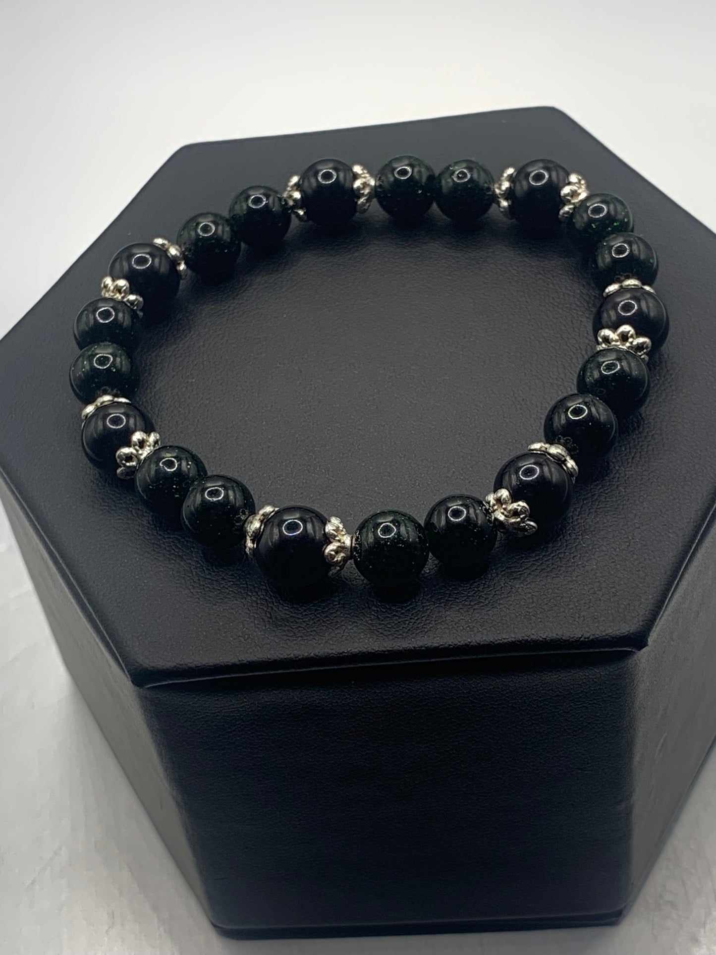 Black obsidian with green sandstone semi precious stone/crystal beaded elastic bracelet with silver plated flower bead caps