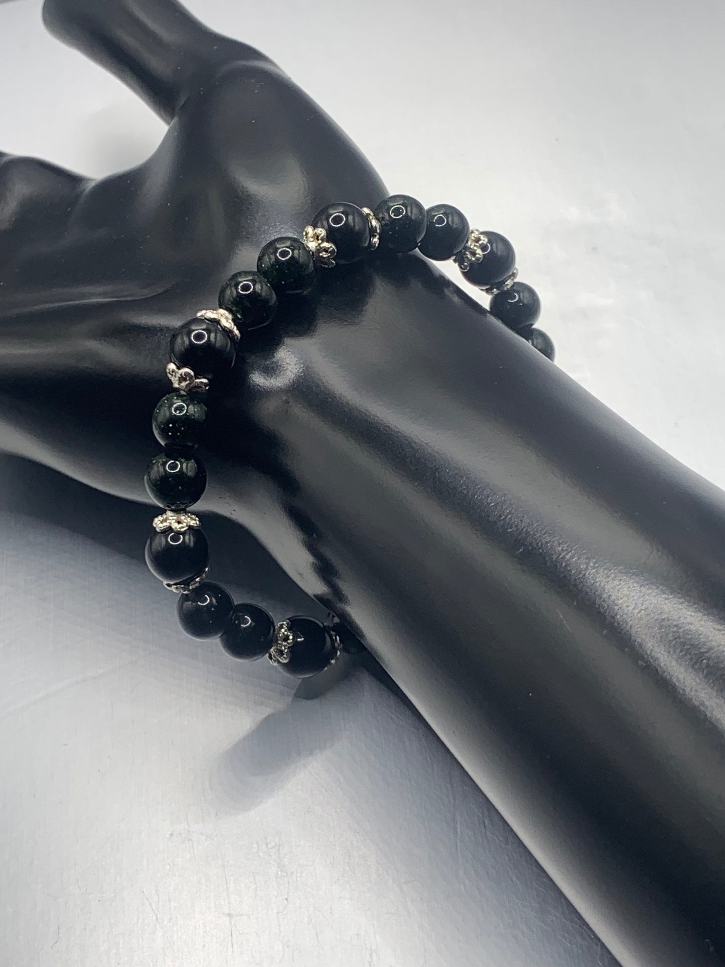 Black obsidian with green sandstone semi precious stone/crystal beaded elastic bracelet with silver plated flower bead caps