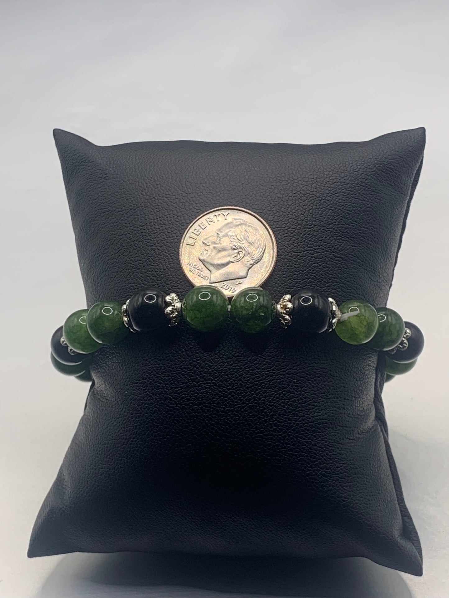 Black obsidian with green tourmaline semi precious stone/crystal beaded elastic bracelet with silver plated flower bead caps
