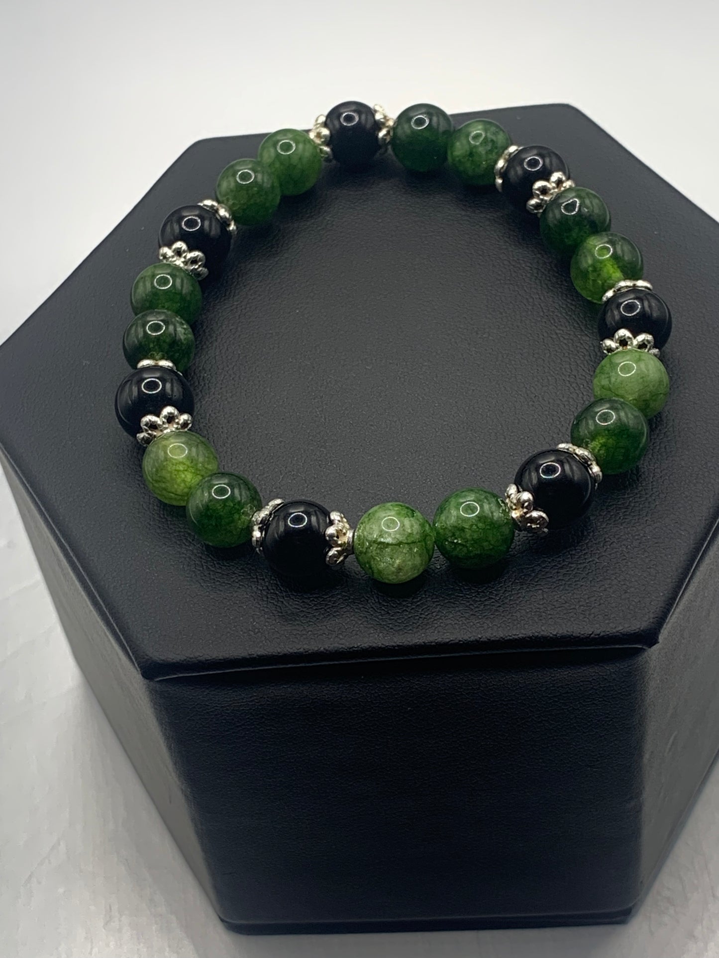 Black obsidian with green tourmaline semi precious stone/crystal beaded elastic bracelet with silver plated flower bead caps