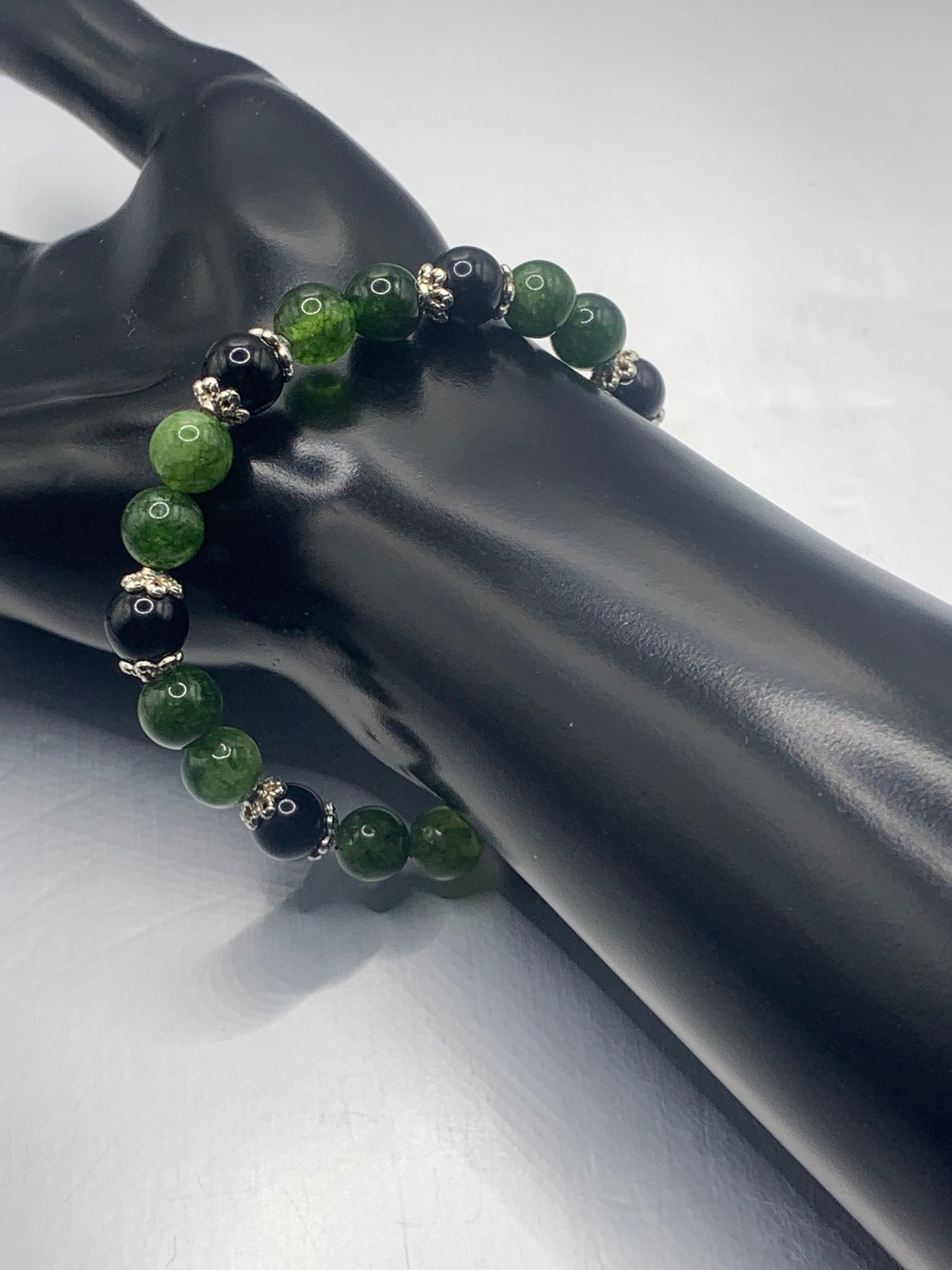 Black obsidian with green tourmaline semi precious stone/crystal beaded elastic bracelet with silver plated flower bead caps