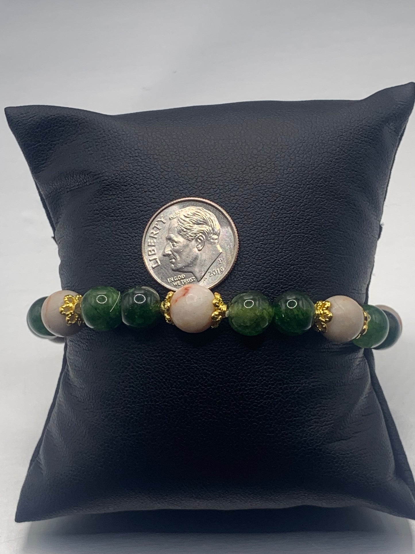 Red vein jasper and green tourmaline semi precious stone/crystal elastic beaded bracelet with gold plated flower bead caps