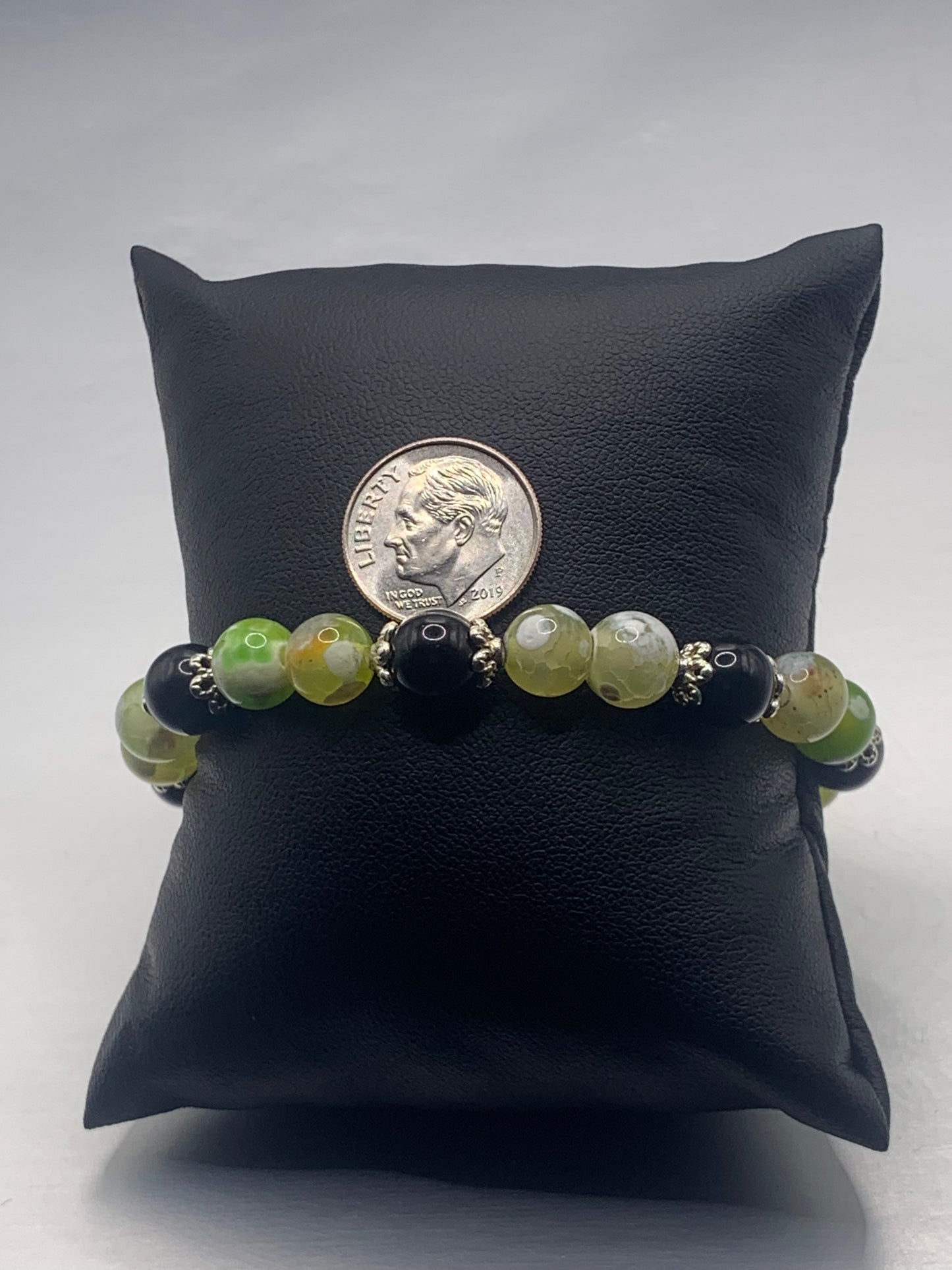 Black obsidian with yellow green white orca agate semi precious stone/crystal beaded elastic bracelet with silver plated flower bead caps